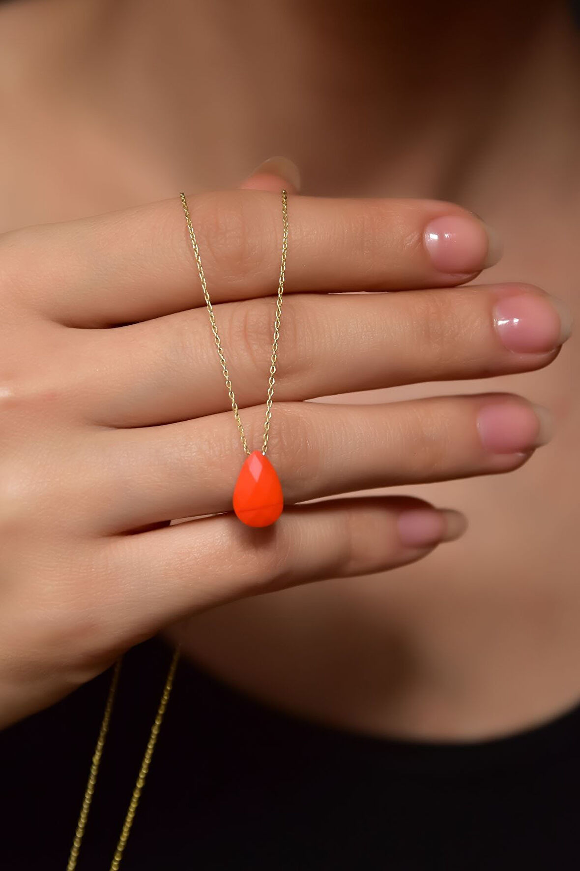 925 Ayar Gümüş Gold Kaplama Doğal Taş Turuncu Damla Kolye