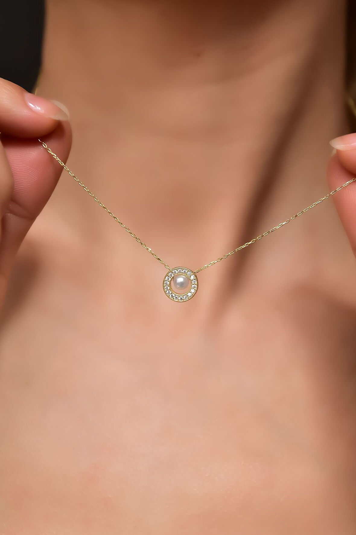 925 Ayar Gümüş Gold Kaplama Incili Yuvarlak Kolye