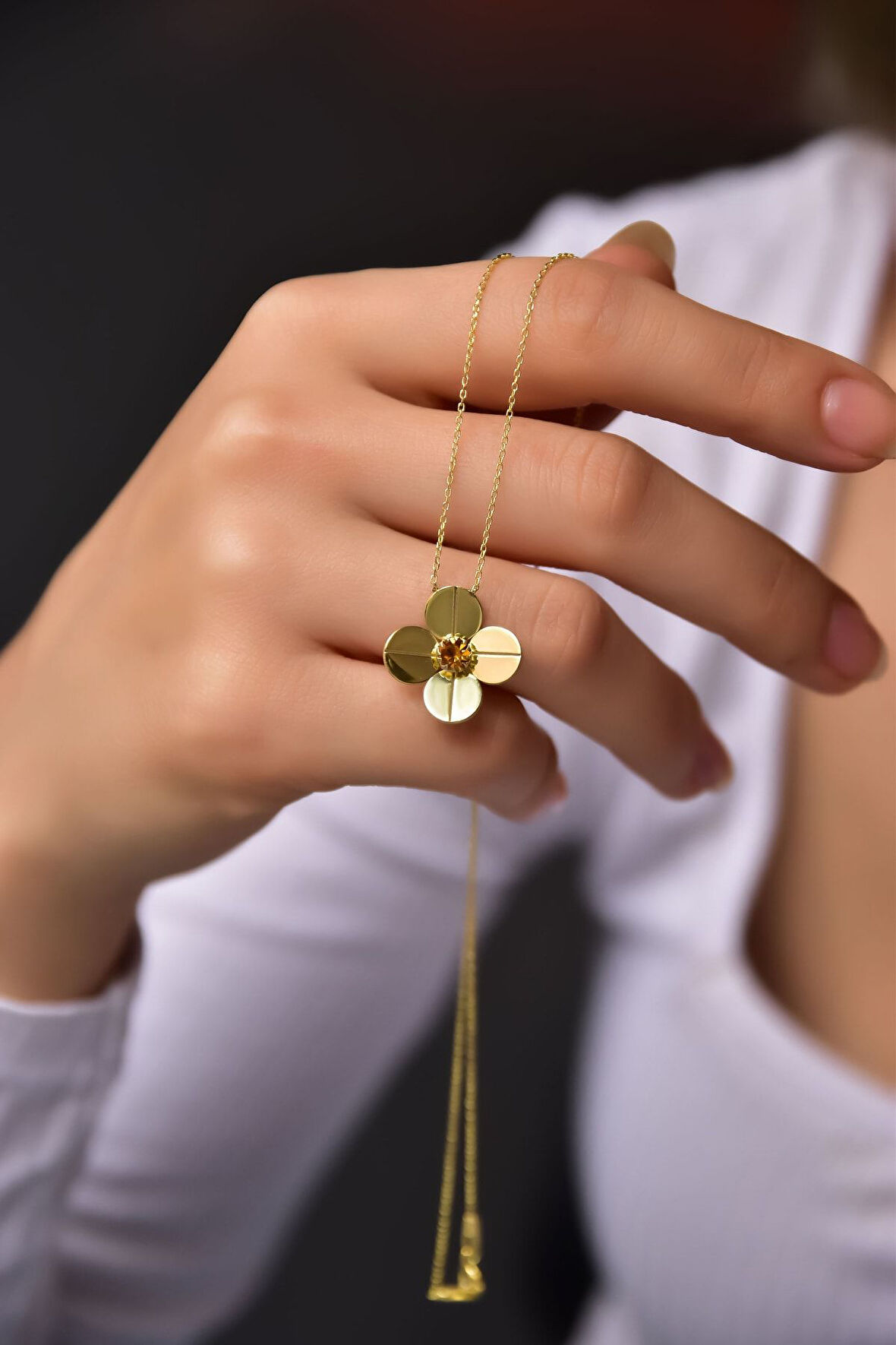 925 Ayar Gümüş Gold Kaplama Kasım Ayı Doğum Taşlı Matthiola Çiçeği Kolye