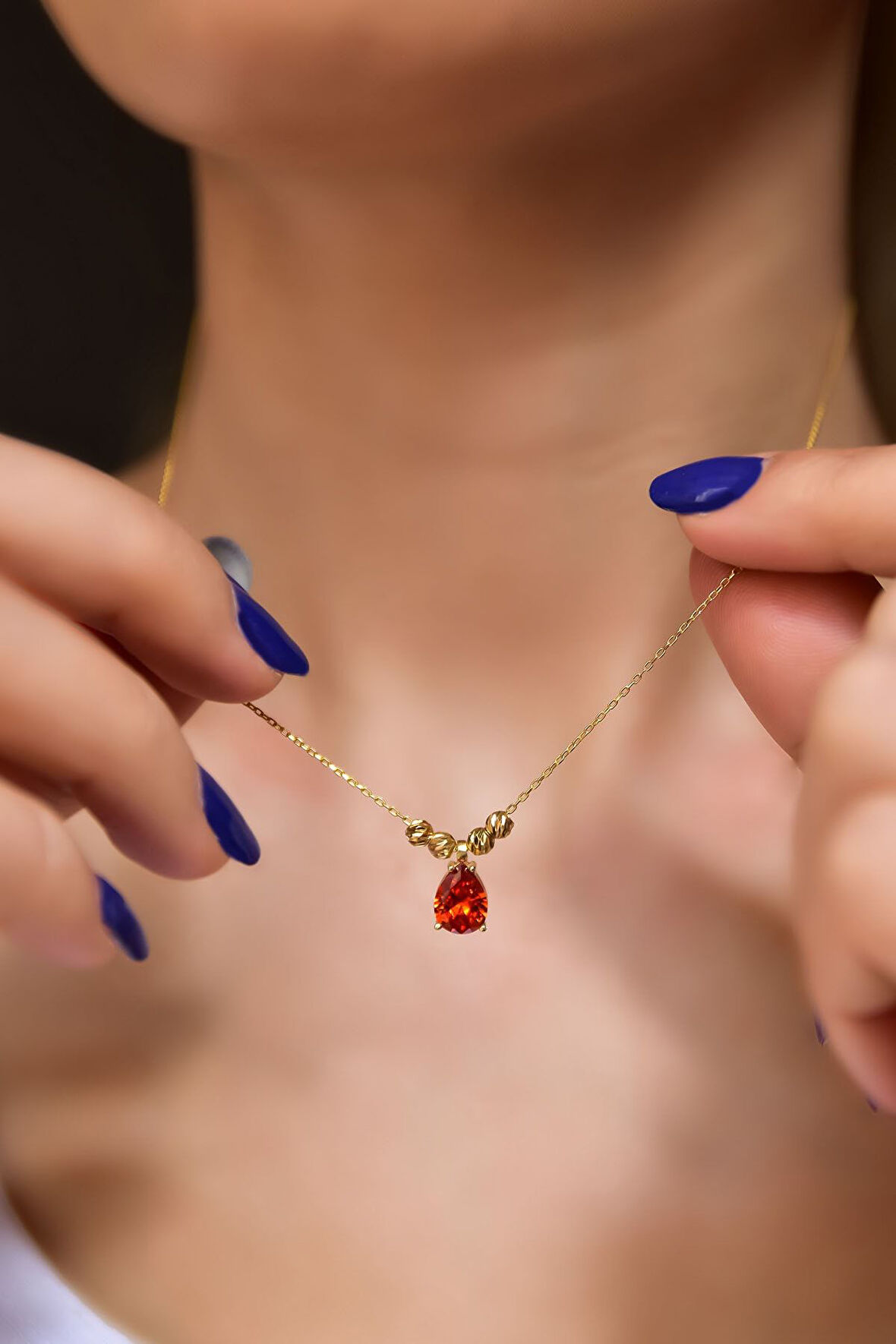 925 Ayar Gümüş Gold Kaplama Turuncu Damla Kenarları Çift Dorica Toplu Kolye