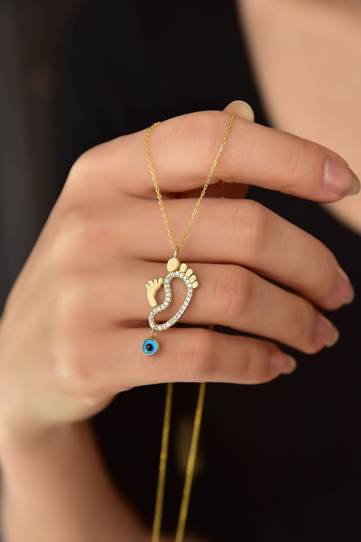 925 Ayar Gümüş Gold Kaplama Cam Gözlü Anne Çocuk Ayak Izi Kadın Kolye