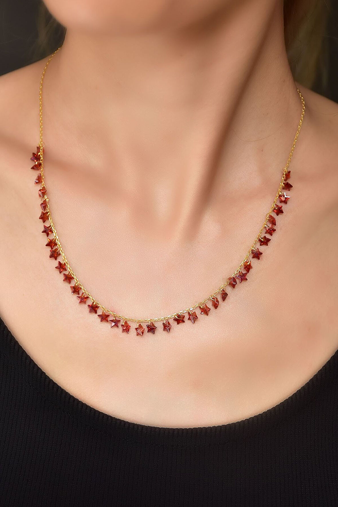 925 Ayar Gümüş Gold Kaplama Turuncu Zirkon Taşlı Yıldız Kolye