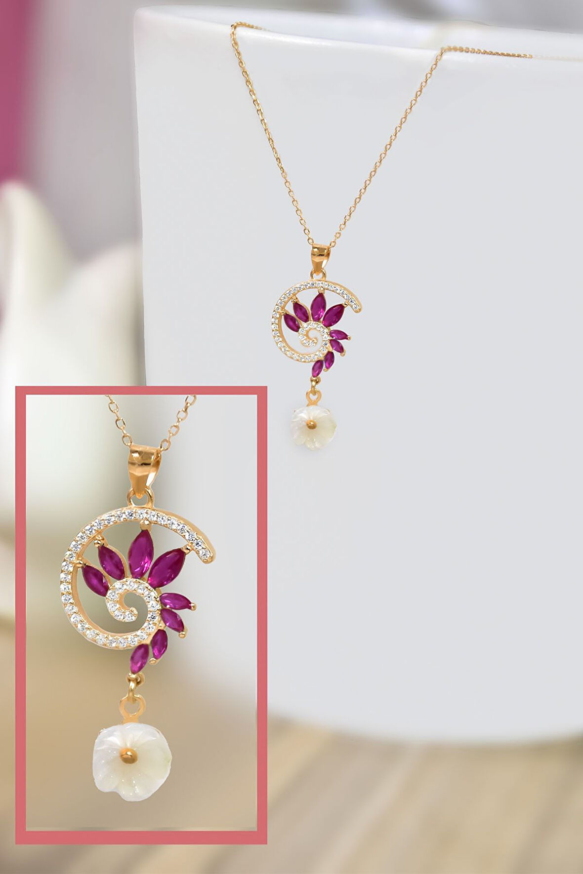 925 Ayar Gümüş Gold Kaplama Pembe Taşlı Tasarım Sedef Manolya Çiçeği Kolye