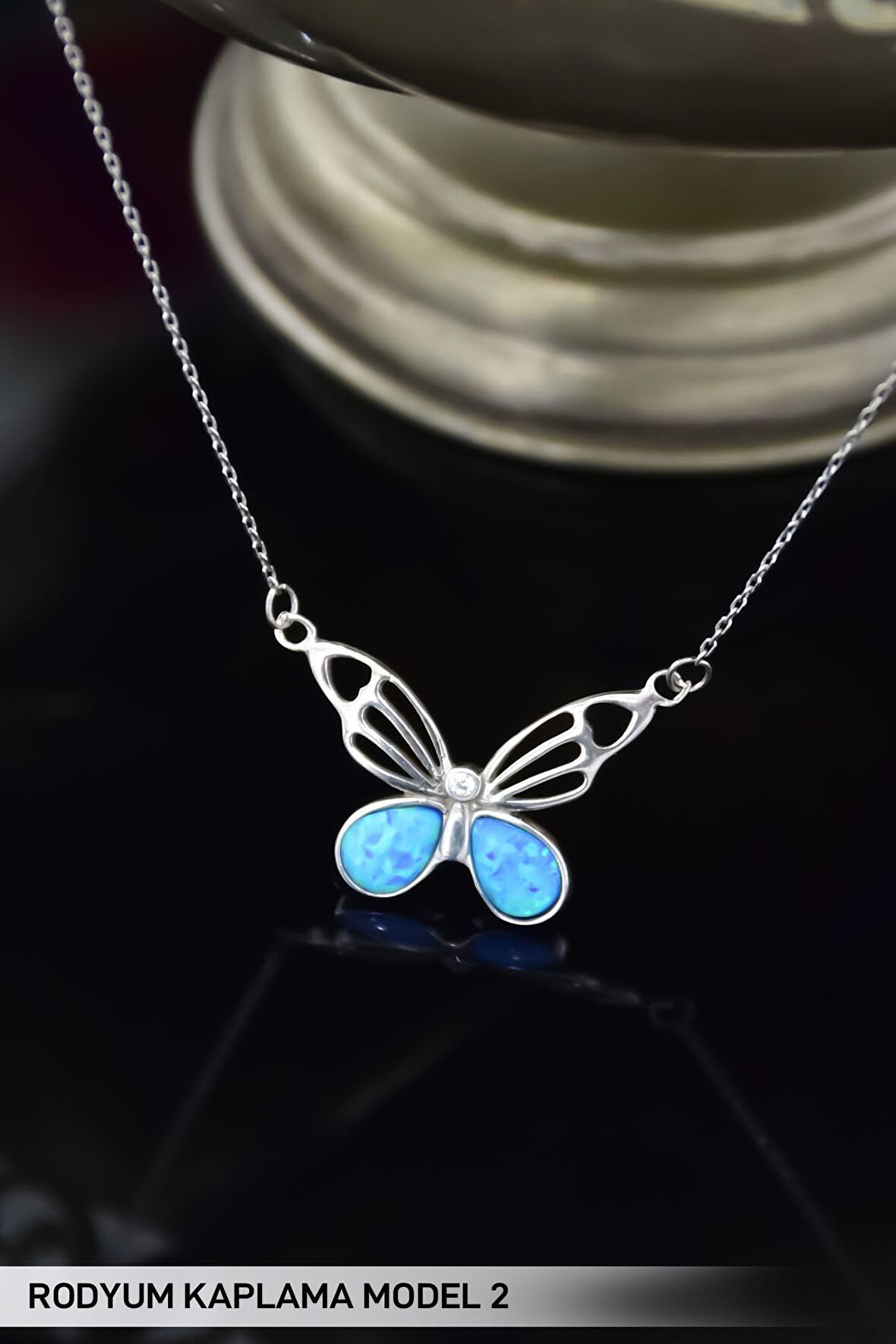 925 Ayar Gümüş Rodyum Kaplama Opal Taşlı Kelebek Kolye Model 2