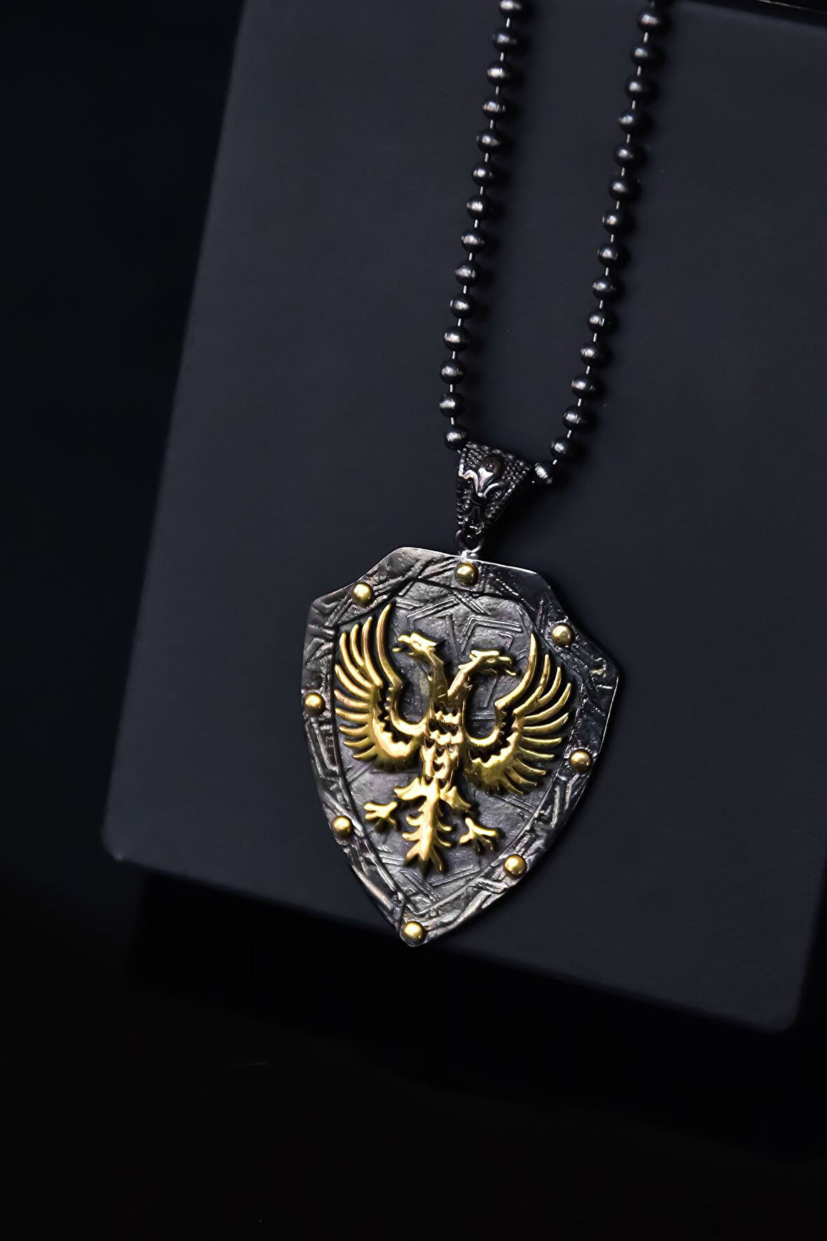 925 Ayar Gümüş Siyah Oksitli Top Zincirli Madalyon Çift Başlı Ejderha Figürlü Erkek Kolye