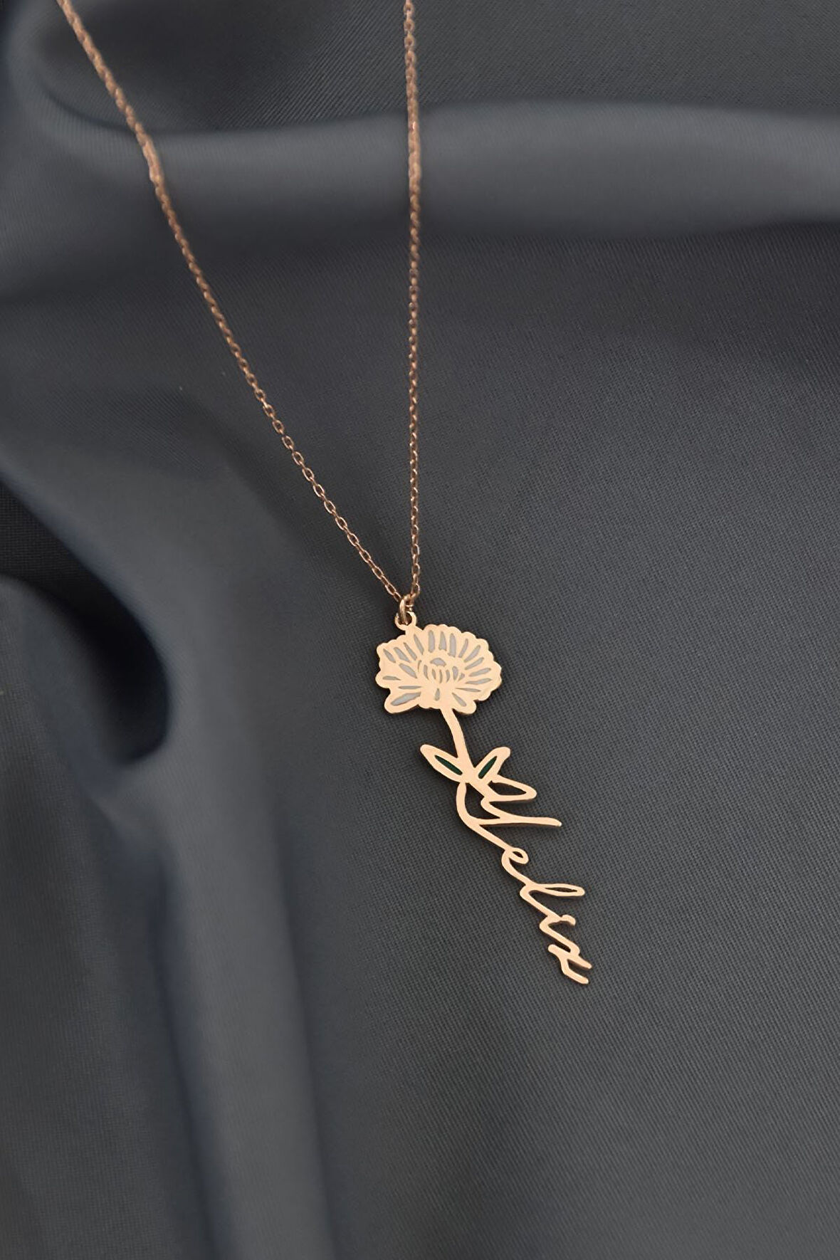 925 Ayar Gümüş Rose Kaplama Özel Tasarım Mineli Doğum Kasım Ayı Çiçeği, Isim Kolye