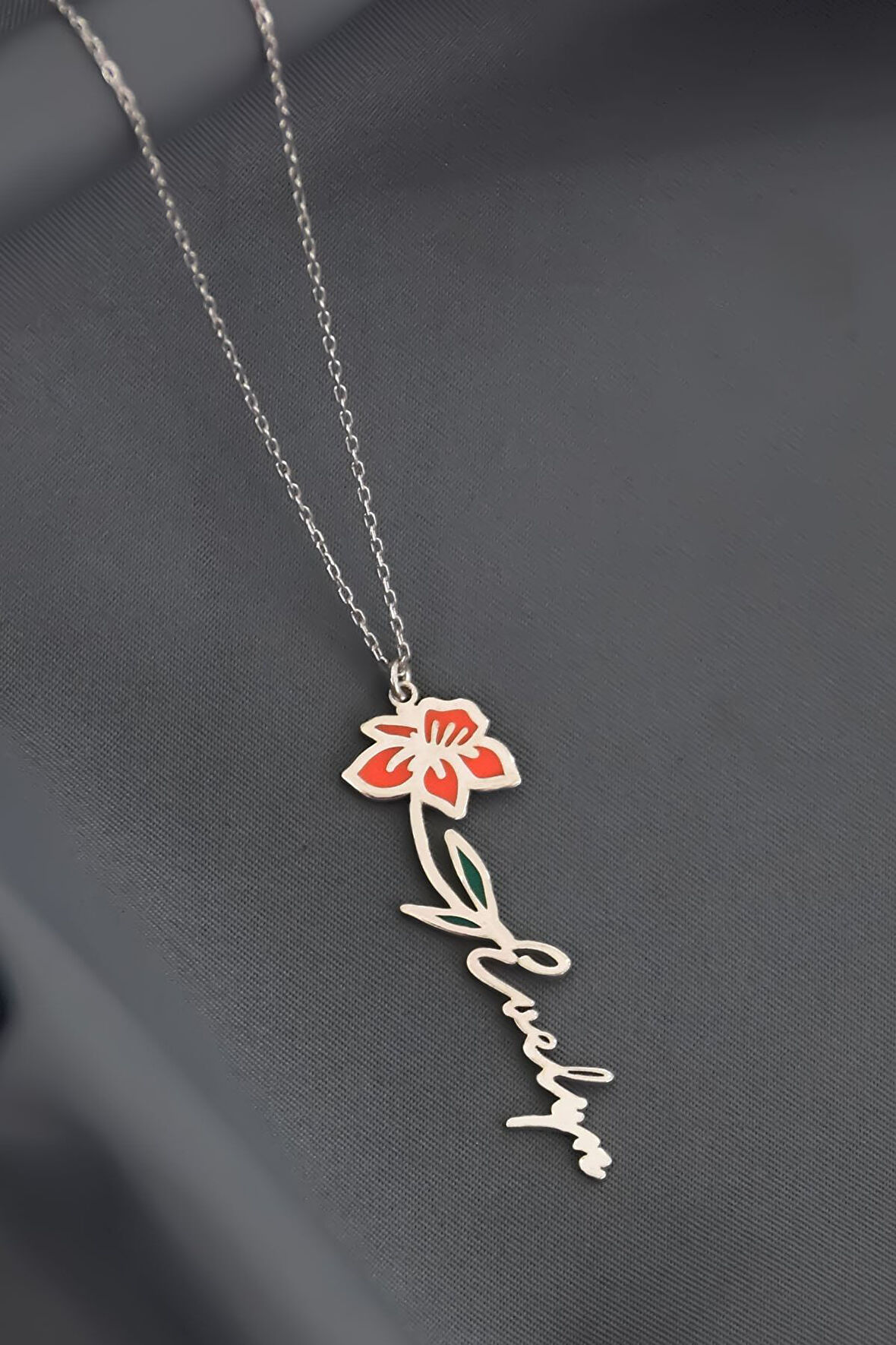 925 Ayar Gümüş Rodyum Kaplama Özel Tasarım Mineli Doğum Mart Ayı Çiçeği, Isim Kolye