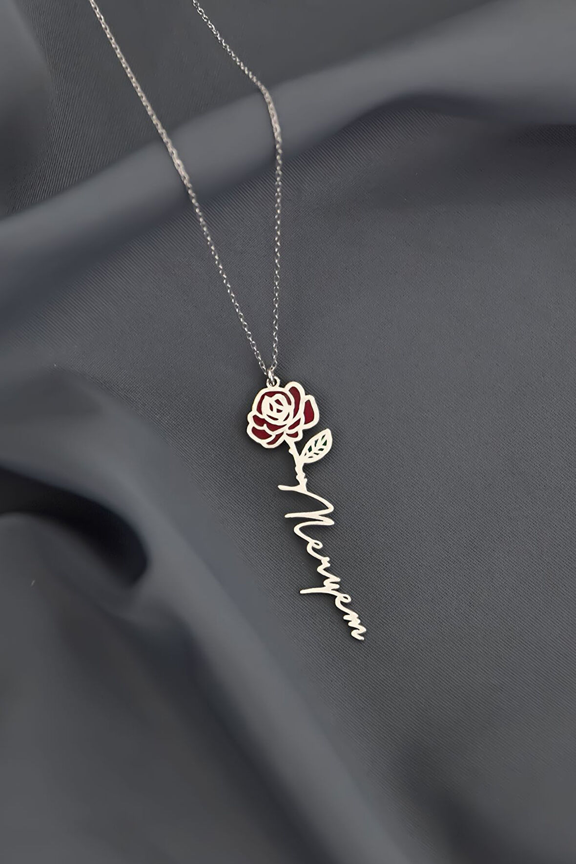 925 Ayar Gümüş Rodyum Kaplama Özel Tasarım Mineli Doğum Haziran Ayı Çiçeği, Isim Kolye