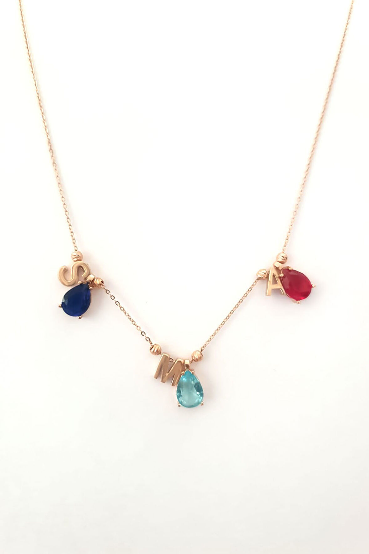 925 Ayar Gümüş Rose Kaplama Üçlü Damla Doğum Ayı Dorika Toplu , Harfli Kolye