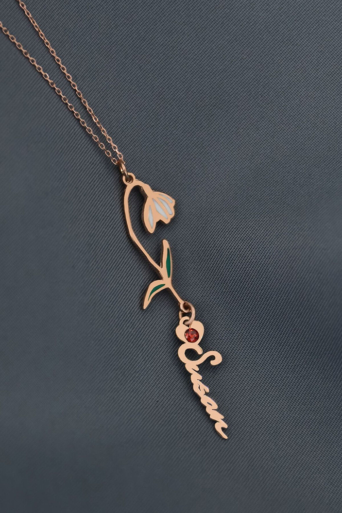 925 Ayar Gümüş Rose Kaplama Özel Tasarım Kalp Doğum Taşlı Mineli Ocak Ayı Çiçeği, Isim Kolye