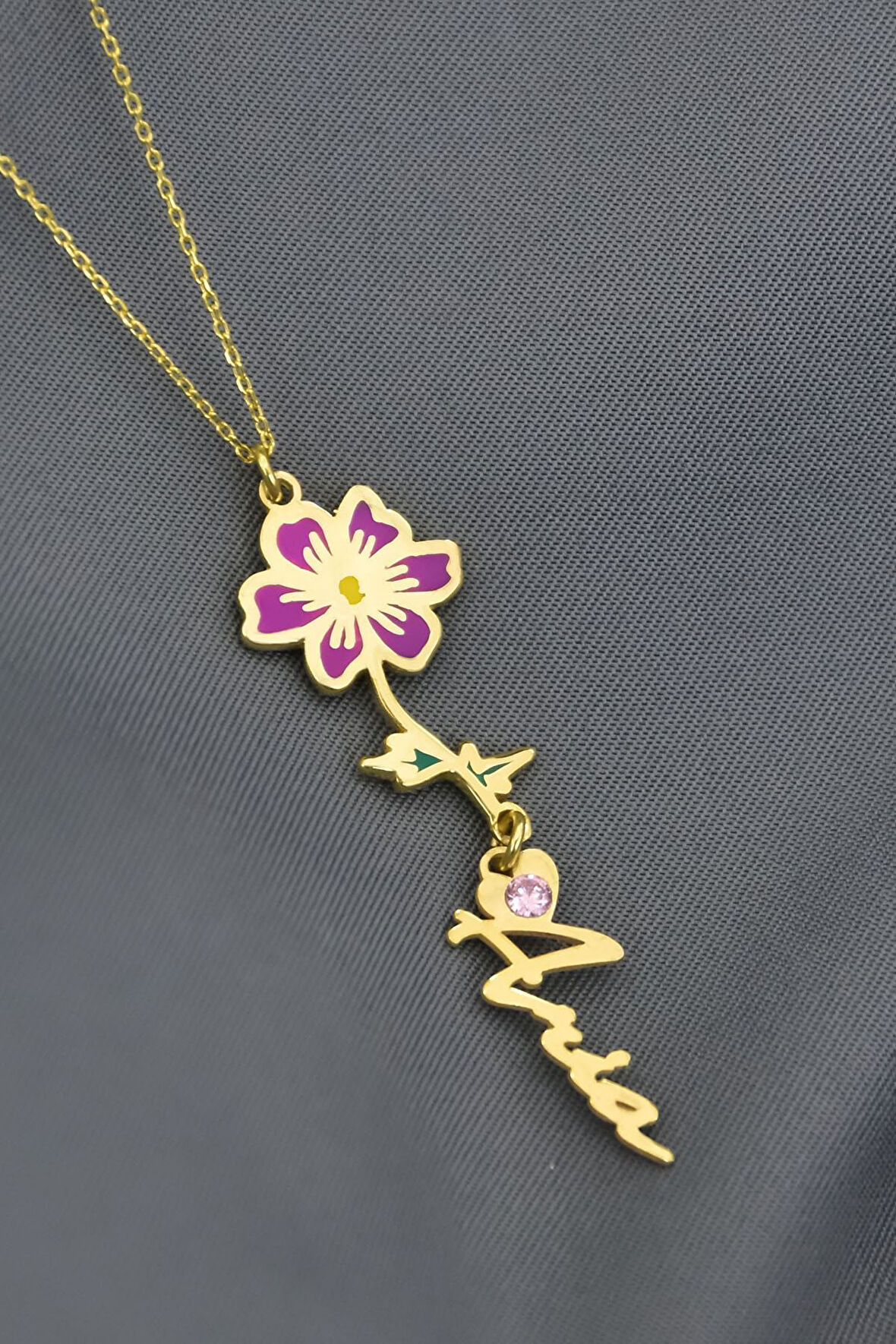 925 Ayar Gümüş Gold Kaplama Özel Tasarım Kalp Doğum Taşlı Mineli Ekim Ayı Çiçeği, Isim Kolye