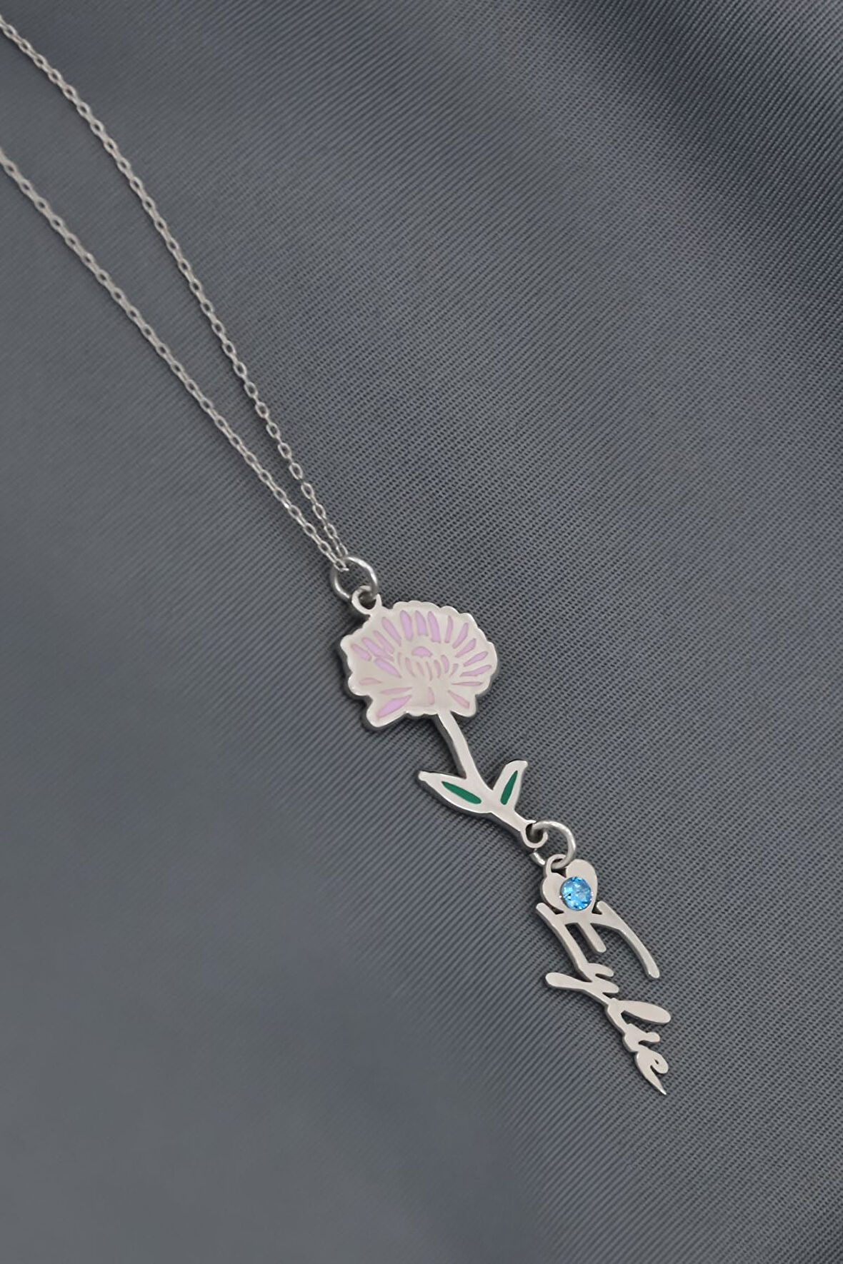 925 Ayar Gümüş Rodyum Kaplama Özel Tasarım Kalp Doğum Taşlı Mineli Kasım Ayı Çiçeği, Isim Kolye