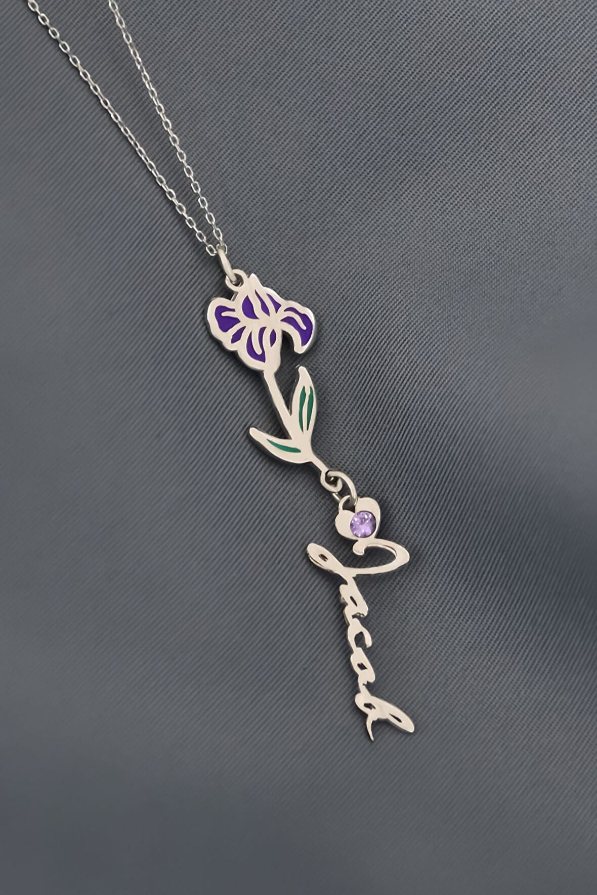 925 Ayar Gümüş Rodyum Kaplama Özel Tasarım Kalp Doğum Taşlı Mineli Şubat Ayı Çiçeği, Isim Kolye