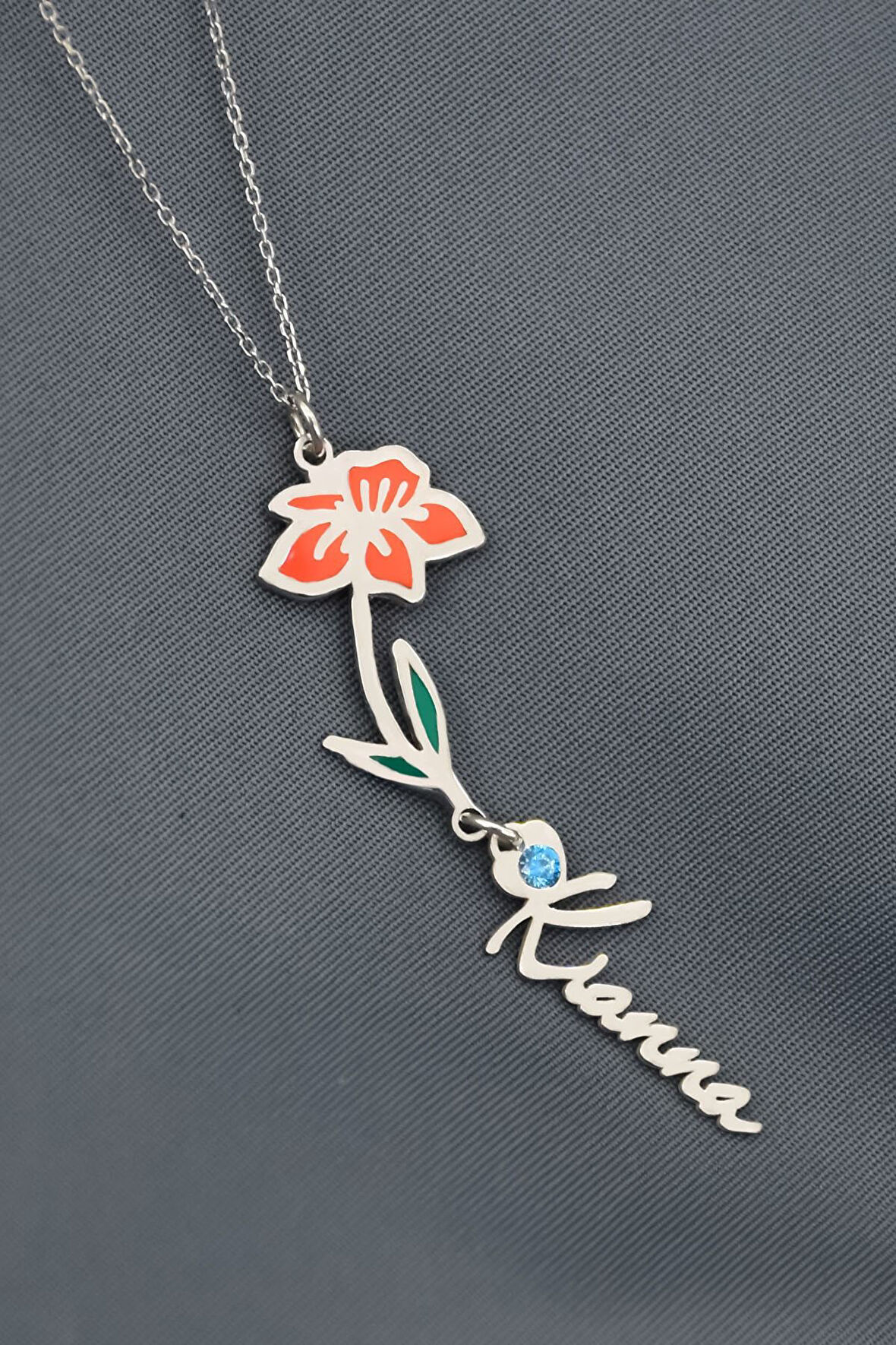 925 Ayar Gümüş Rodyum Kaplama Özel Tasarım Kalp Doğum Taşlı Mineli Mart Ayı Çiçeği, Isim Kolye