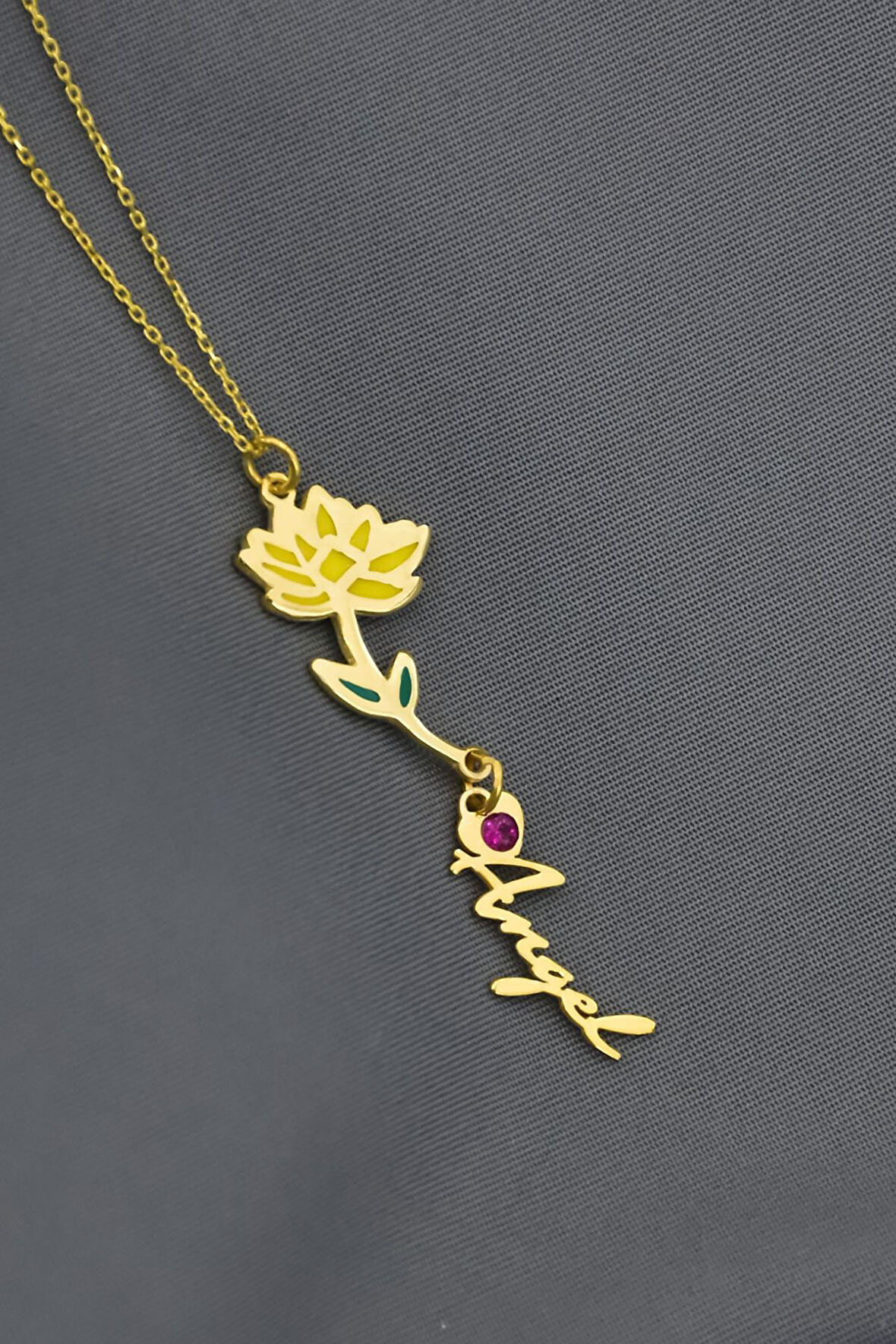 925 Ayar Gümüş Gold Kaplama Özel Tasarım Kalp Doğum Taşlı Mineli Temmuz Ayı Çiçeği, Isim Kolye