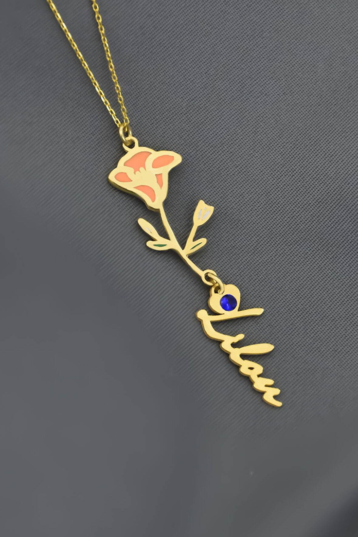 925 Ayar Gümüş Gold Kaplama Özel Tasarım Kalp Doğum Taşlı Mineli Eylül Ayı Çiçeği, Isim Kolye