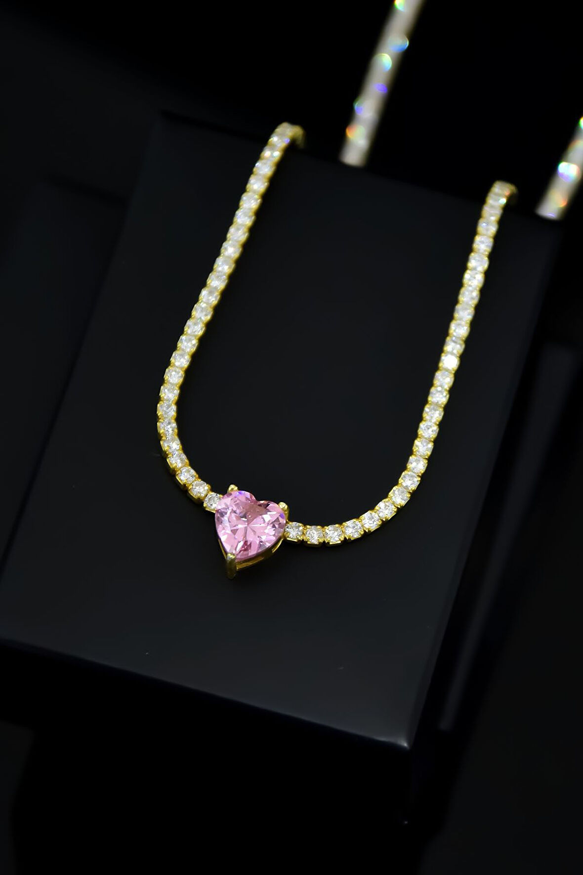 925 Ayar Gümüş Gold Kaplama Zirkon Taşlı Su Yolu, Tek Taş Kalp Kolye