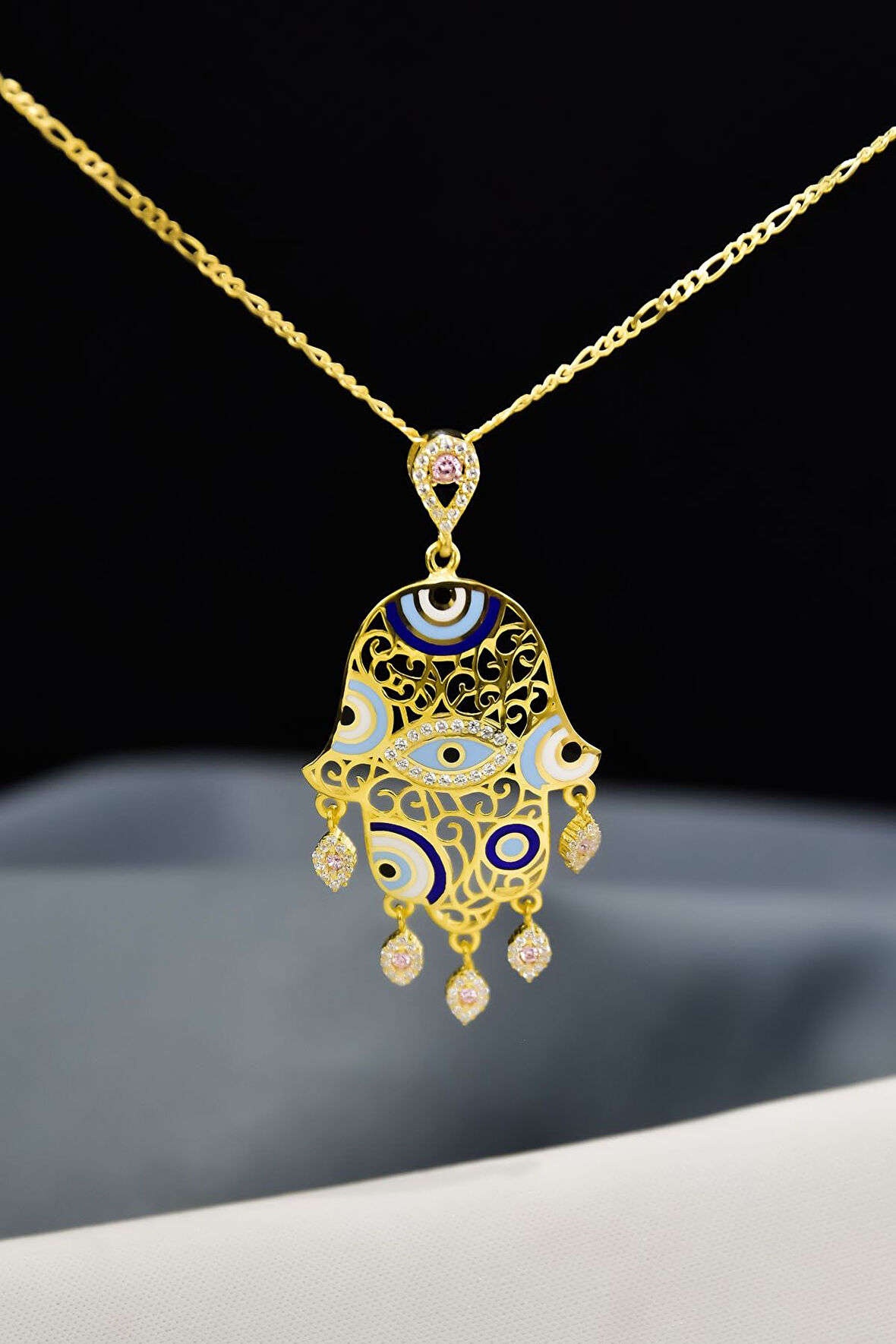 925 Ayar Gümüş Gold Kaplama Zirkon Pembe Taşlı Nazar Gözlü Mineli Fatma Eli Kolye