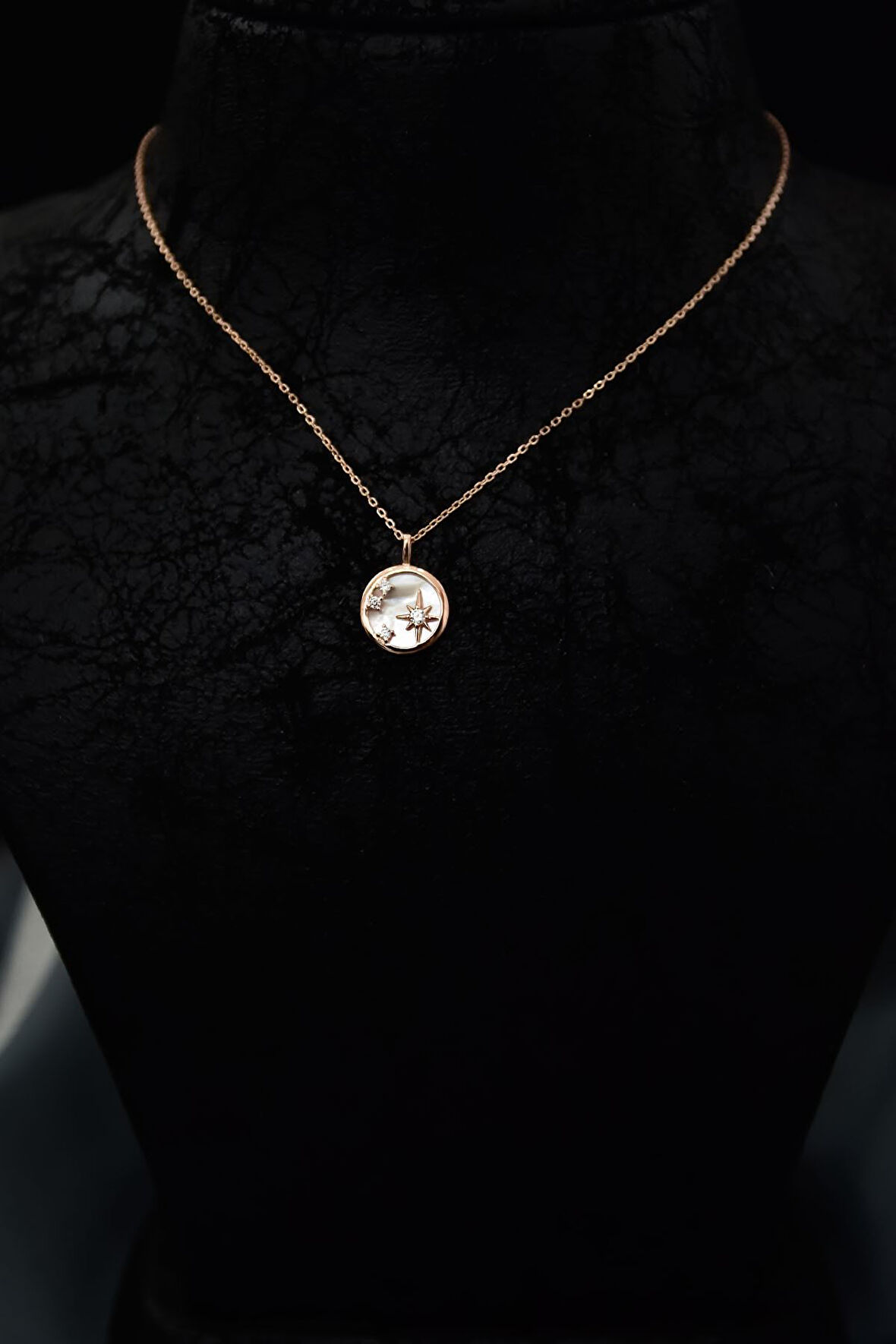 925 Ayar Gümüş Rose Kaplama Plaka Üzeri Zirkon Taşlı Kutup Yıldızı Kolye