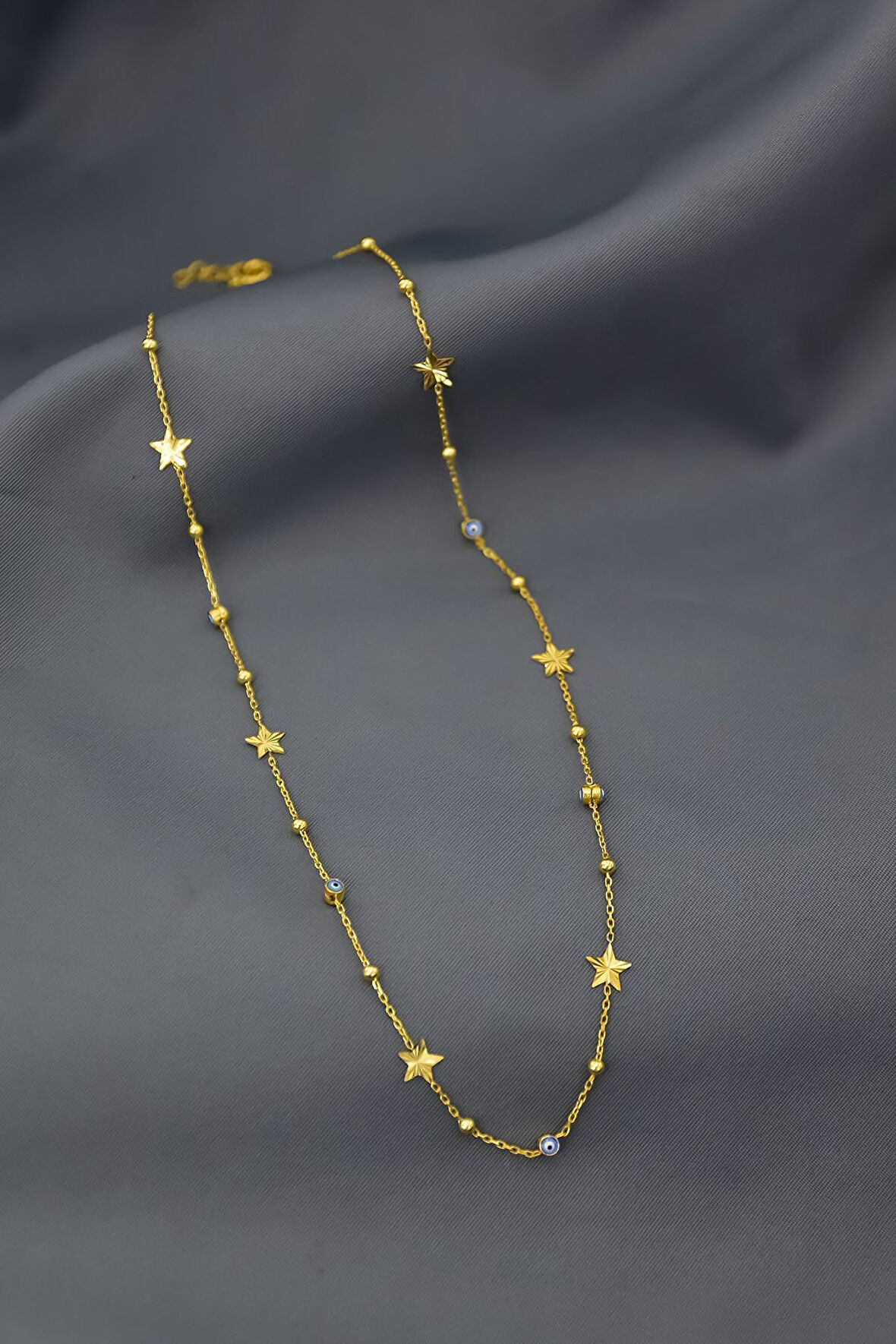 925 Ayar Gümüş Gold Kaplama Firuze Mineli Göz Top Zincirli Kalemli Yıldız Kolye