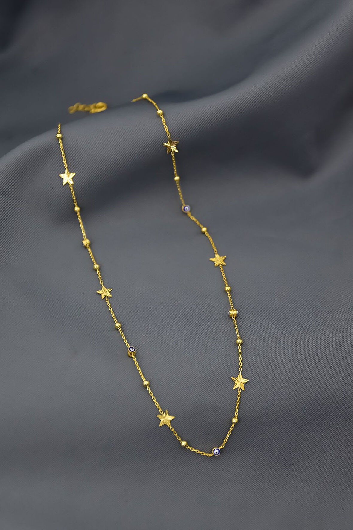 925 Ayar Gümüş Gold Kaplama Mineli Göz Top Zincirli Kalemli Yıldız Kolye