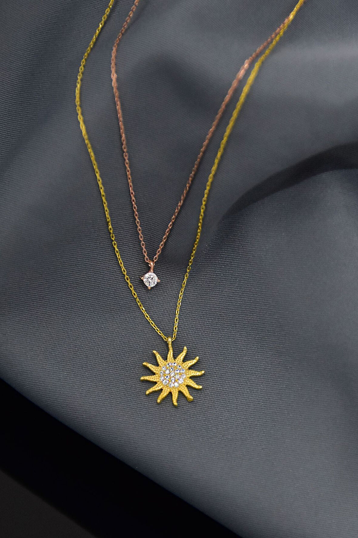 925 Ayar Gümüş Gold-rose Kaplama Zirkon Taşlı Asansörlü Tektaş Ve Güneş Kolye