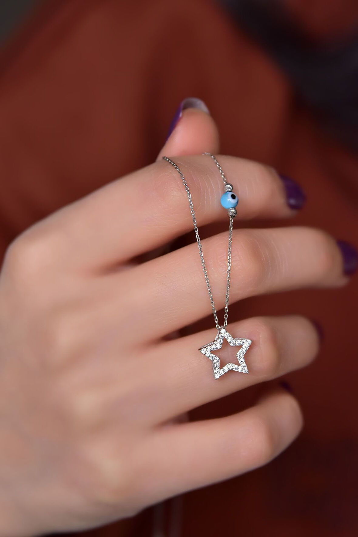 925 Ayar Gümüş Rodyum Kaplama Zirkon Taşlı Yıldız Montür Dorika Toplu Kolye