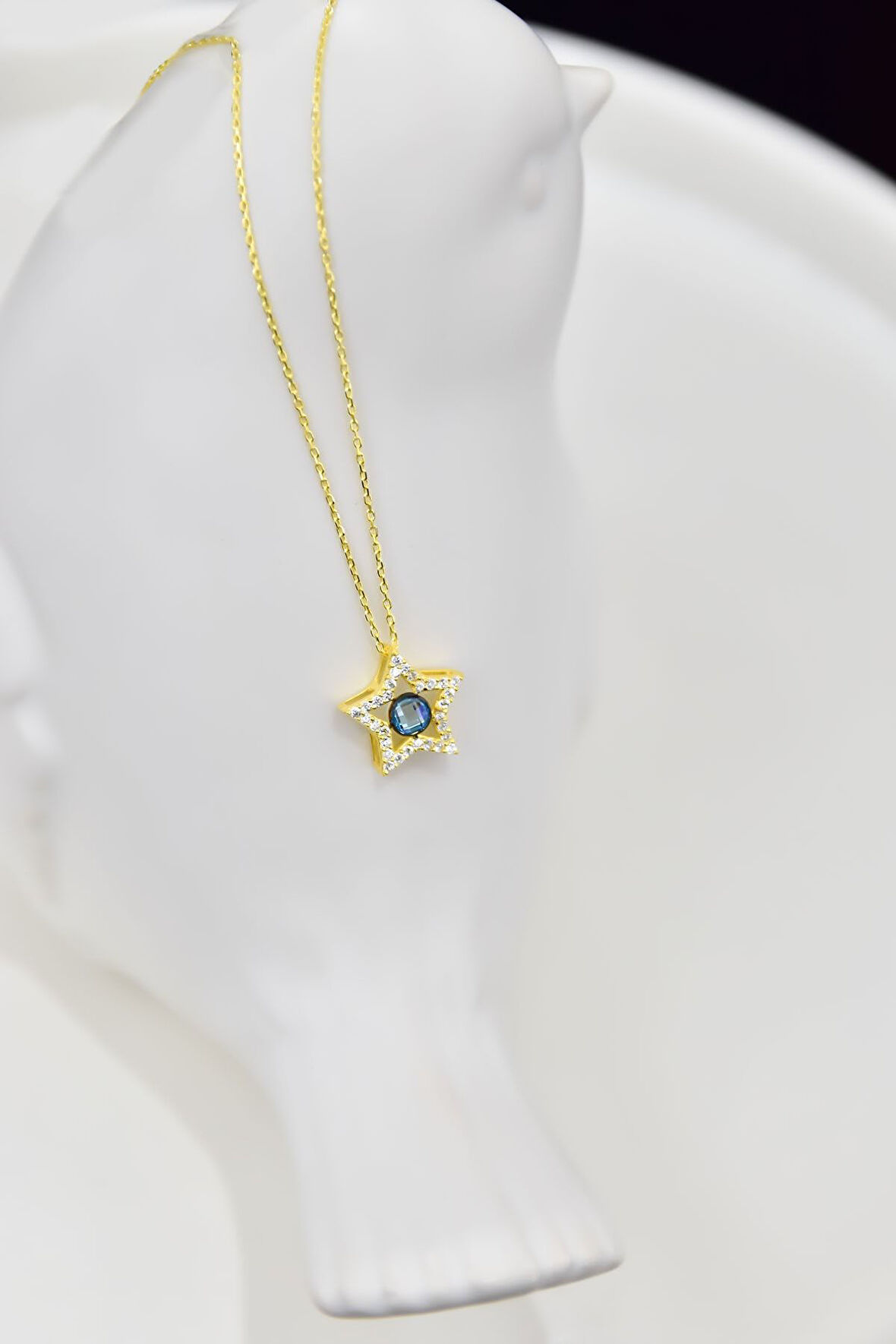 925 Ayar Gümüş Gold Kaplama Doğum Taşlı Montür Yıldız Kolye