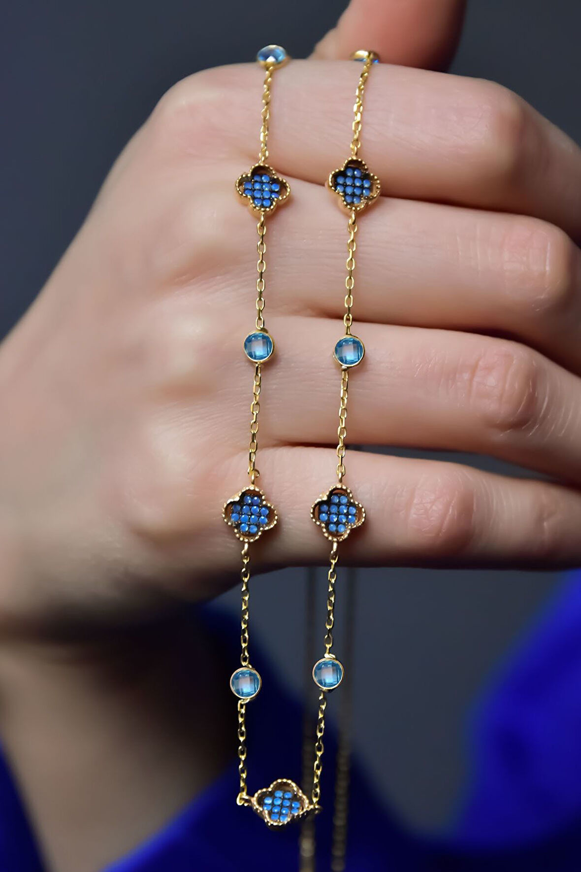 925 Ayar Gümüş Gold Kaplama Zirkon Taşlı Van Cleef Kolye