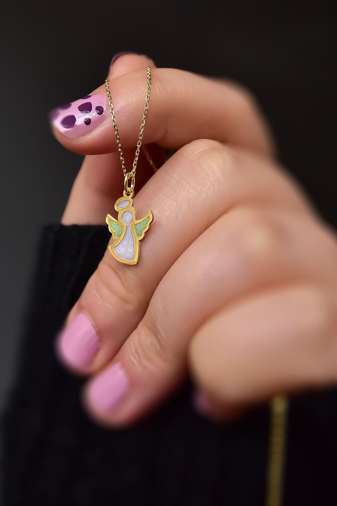 925 Ayar Gümüş Gold Kaplama Parlayan Rüya Serisi Tasarım Beyaz-yeşil Ebruli Cam Boyalı Melek Kolye