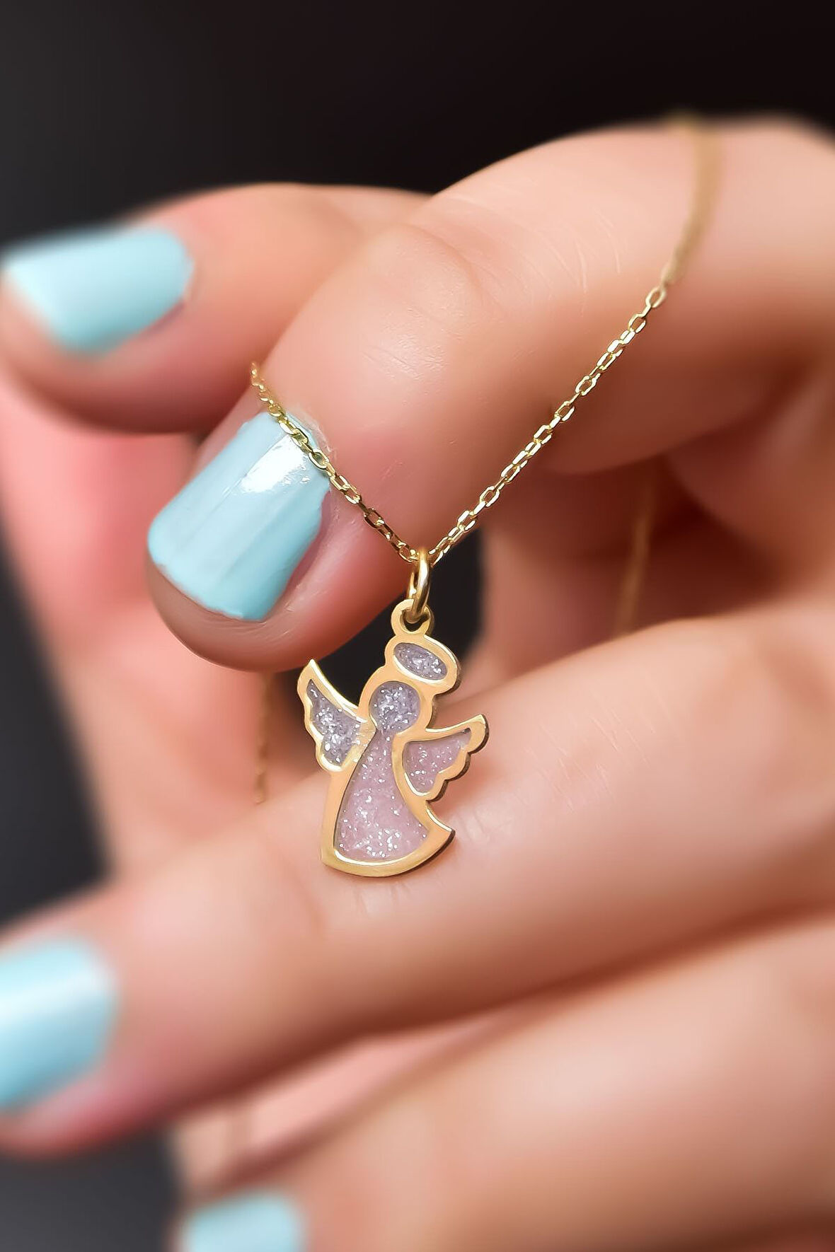 925 Ayar Gümüş Gold Kaplama Parlayan Rüya Serisi Tasarım Beyaz Ebruli Cam Boyalı Melek Kolye