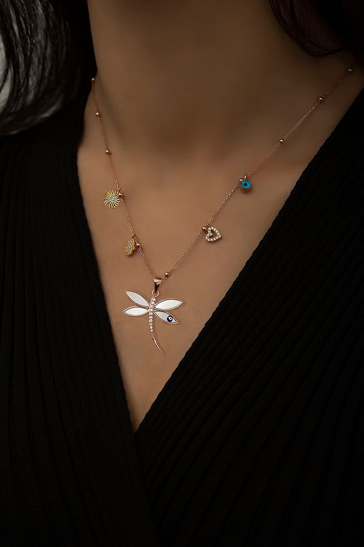 925 Ayar Gümüş Rose Kaplama Top Zincirli Tasarım Şans Parçalı Sedef Yusufçuk Kolye