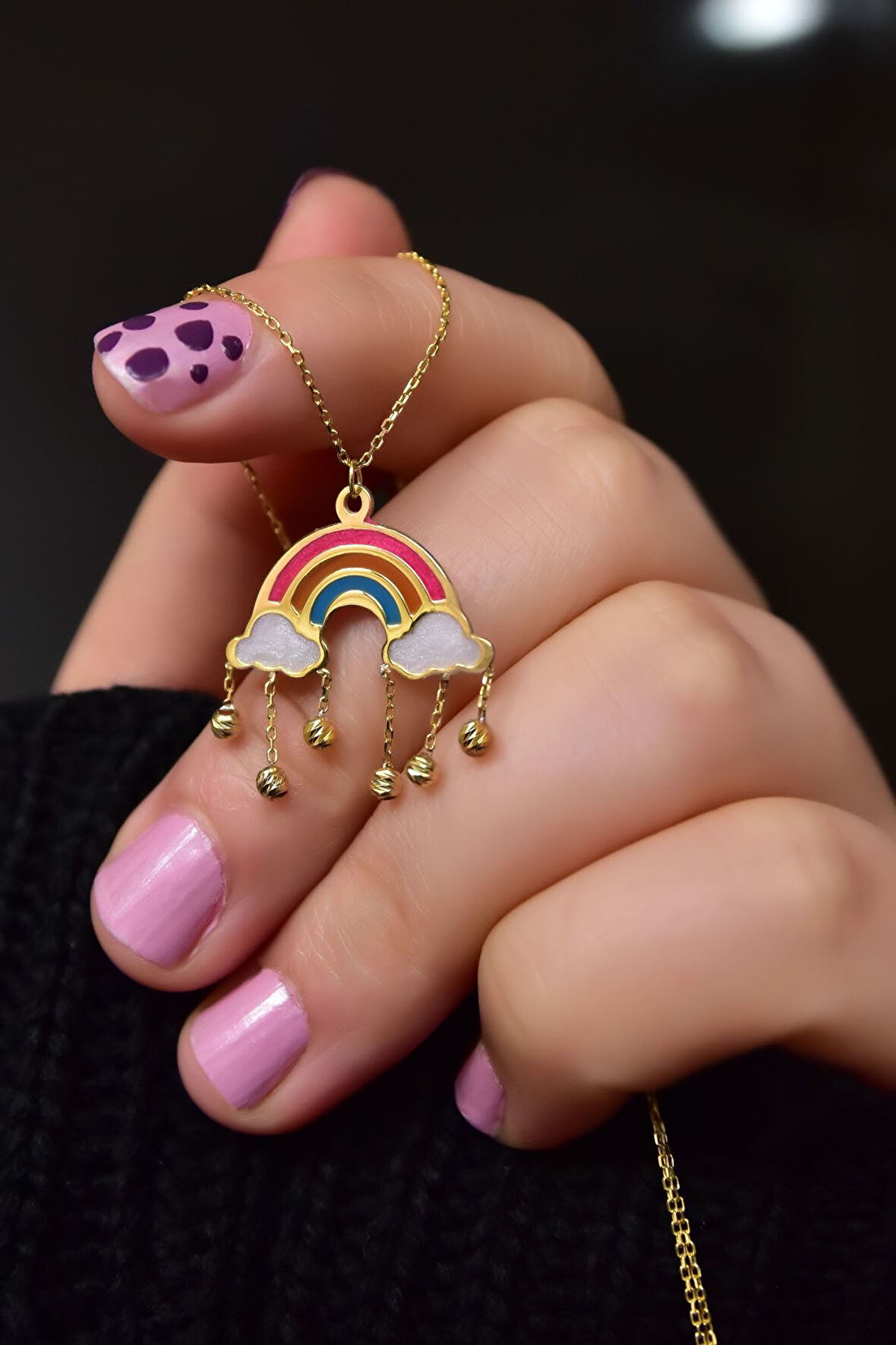 925 Ayar Gümüş Gold Kaplama Parlayan Rüya Serisi Renkli Ebruli Cam Boyalı Dorikalı Gökkuşağı Kolye