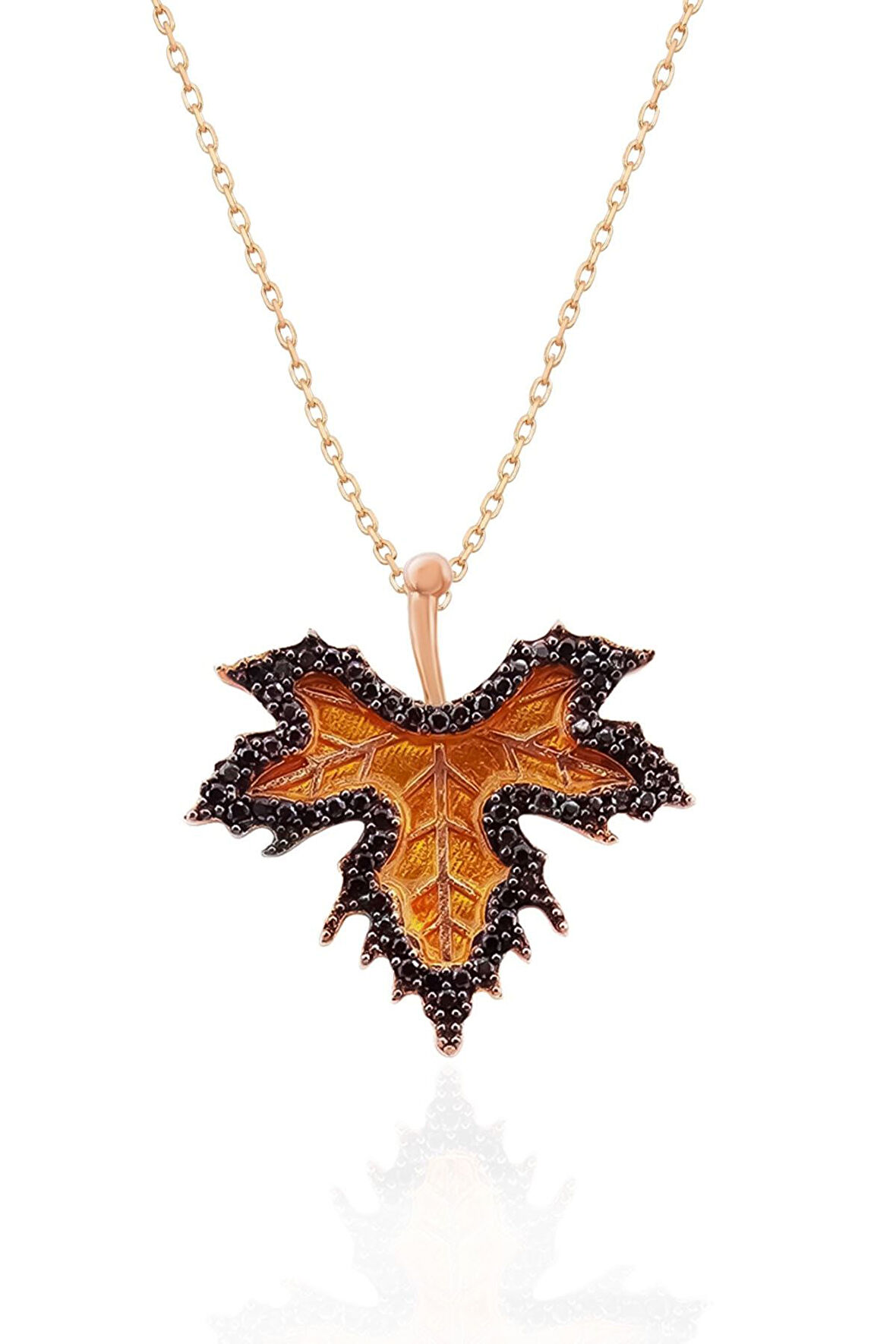 925 Ayar Gümüş Rose Kaplama Siyah Zirkon Taşlı Mineli Çınar Kolye