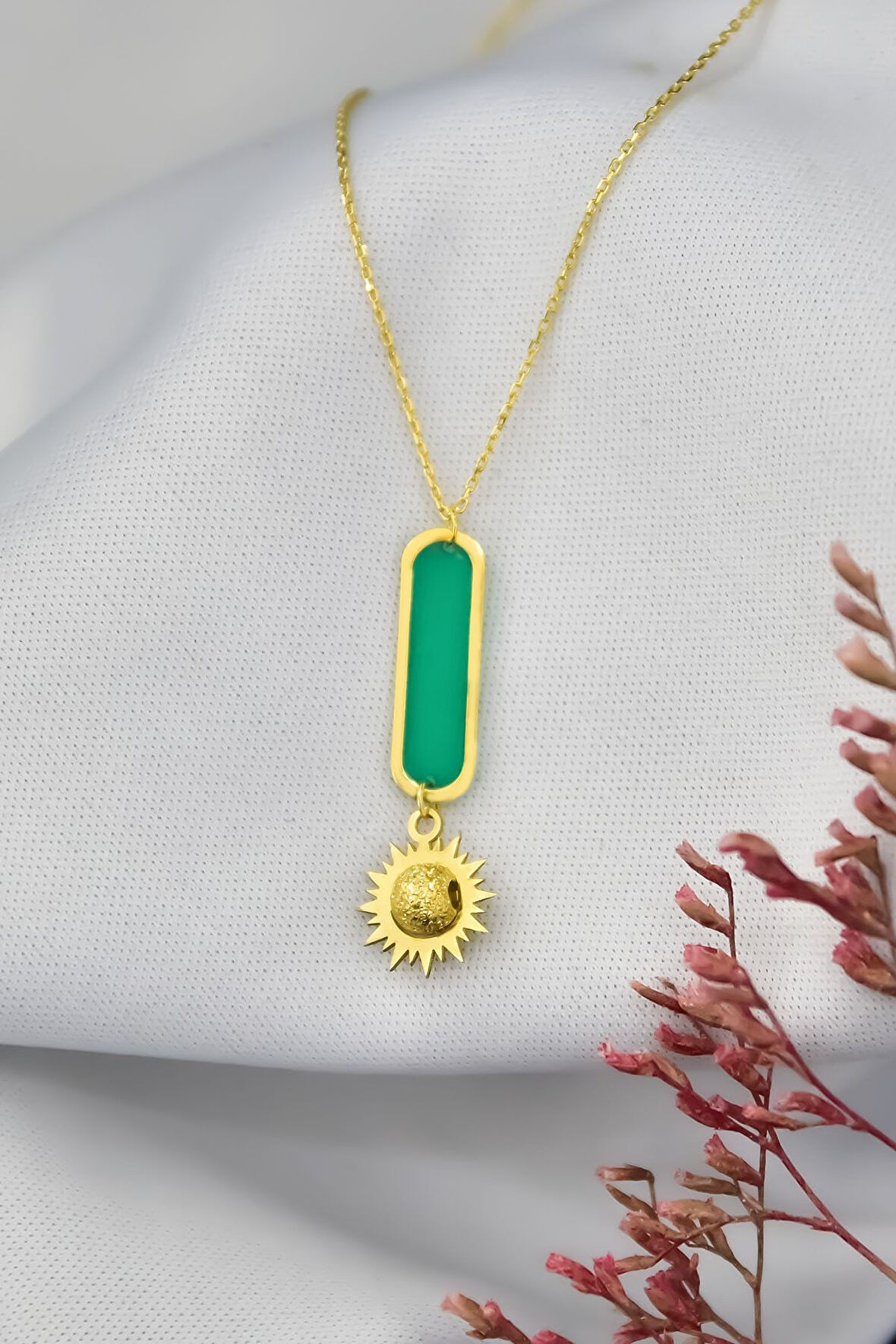 925 Ayar Gümüş Parlayan Rüya Serisi Tasarım Ebruli Cam Boyalı Sim Top Güneş, Çubuk Kolye