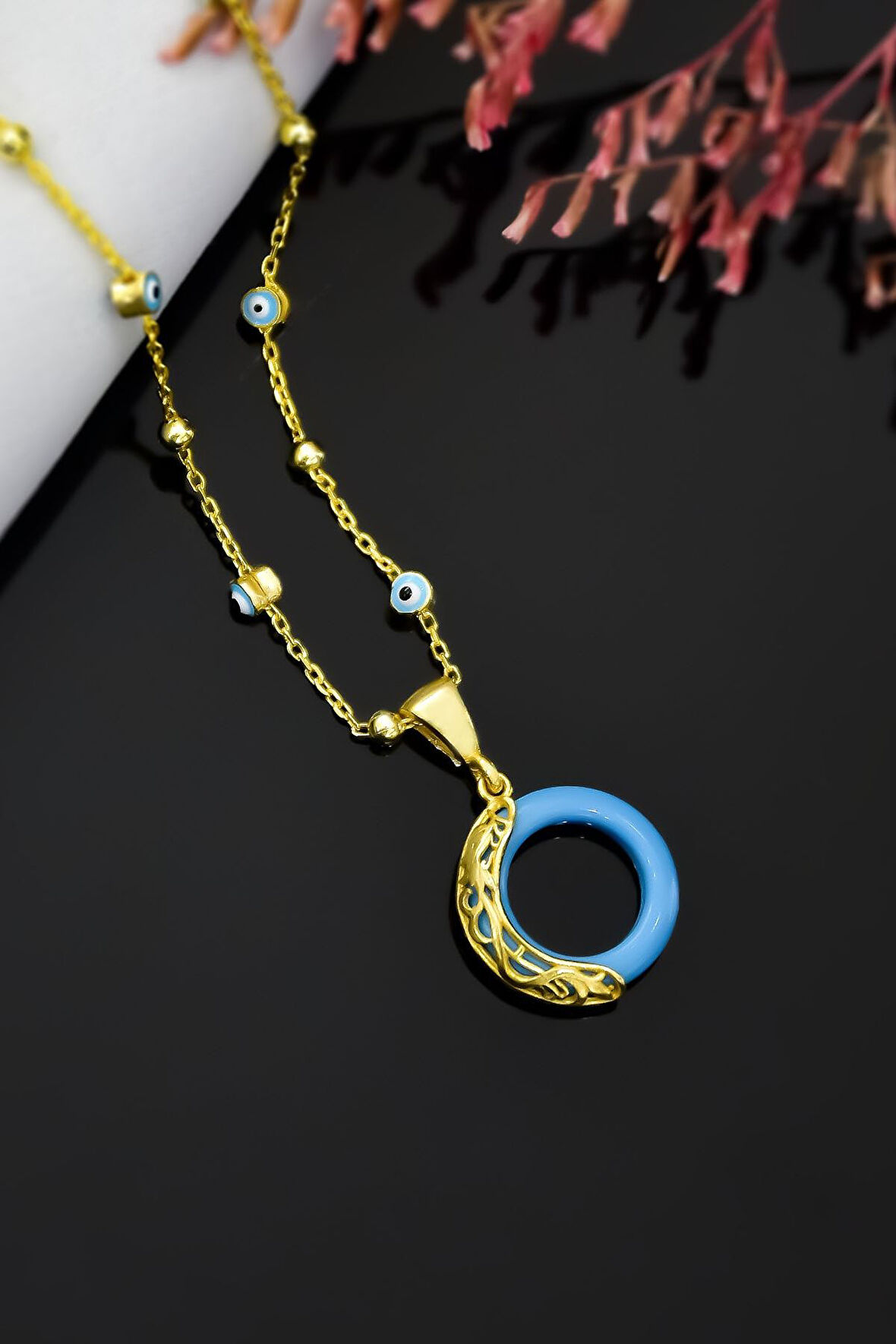 925 Ayar Gümüş Altın Kaplama Mineli Göz Zincir Ejderha Desenli Turkuaz Simit Kolye