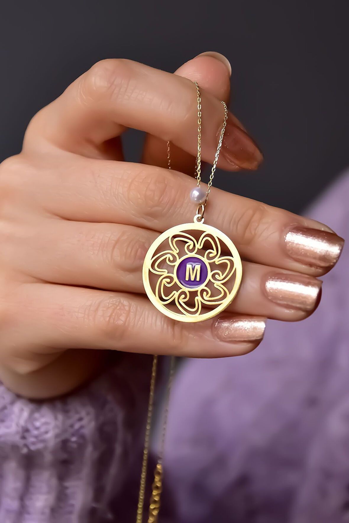 925 Ayar Gümüş Gold Kaplama Incili Parlayan Rüya Serisi Vav Harfli, Bağlılık Yemin Çemberi Kolye