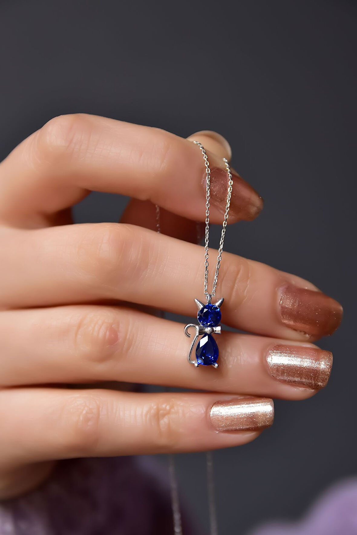 925 Ayar Gümüş Rodyum Kaplama Eylül Ayı Doğum Taşlı Kedi Kolye