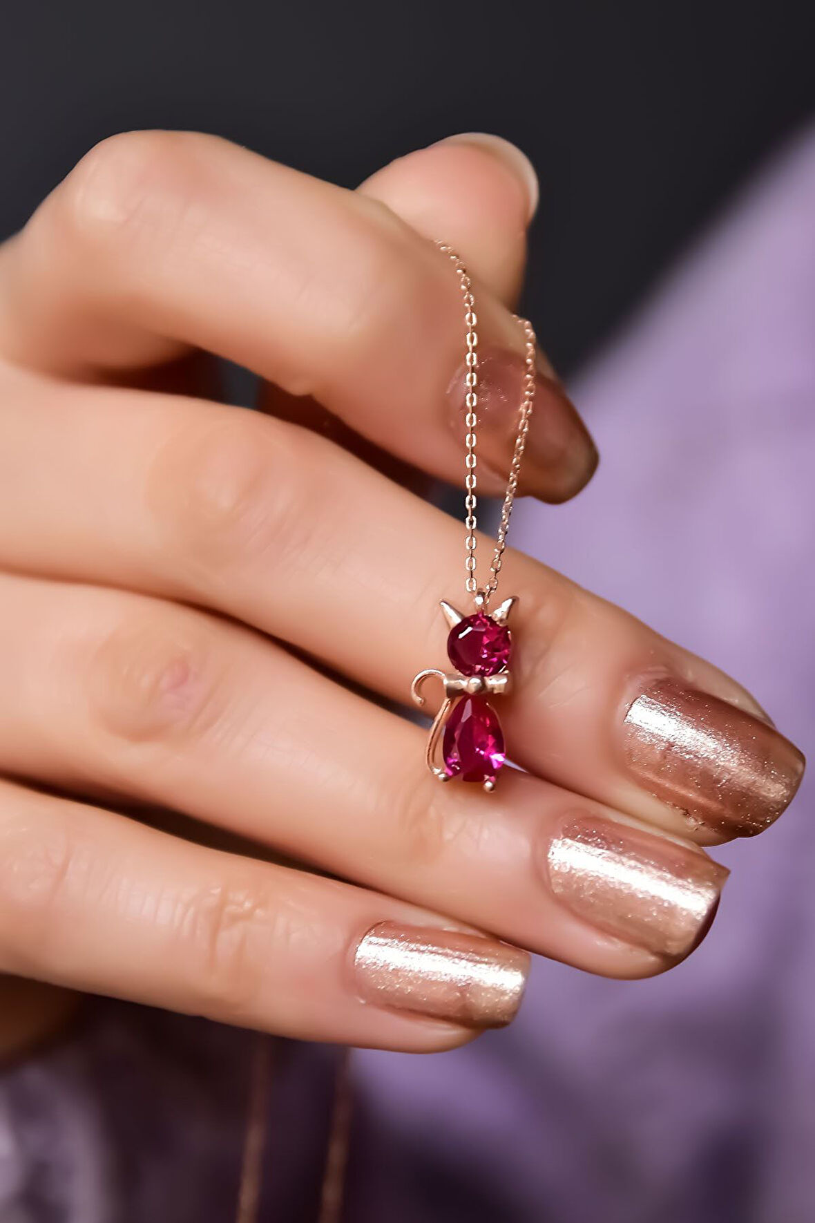 925 Ayar Gümüş Rose Kaplama Temmuz Ayı Doğum Taşlı Kedi Kolye