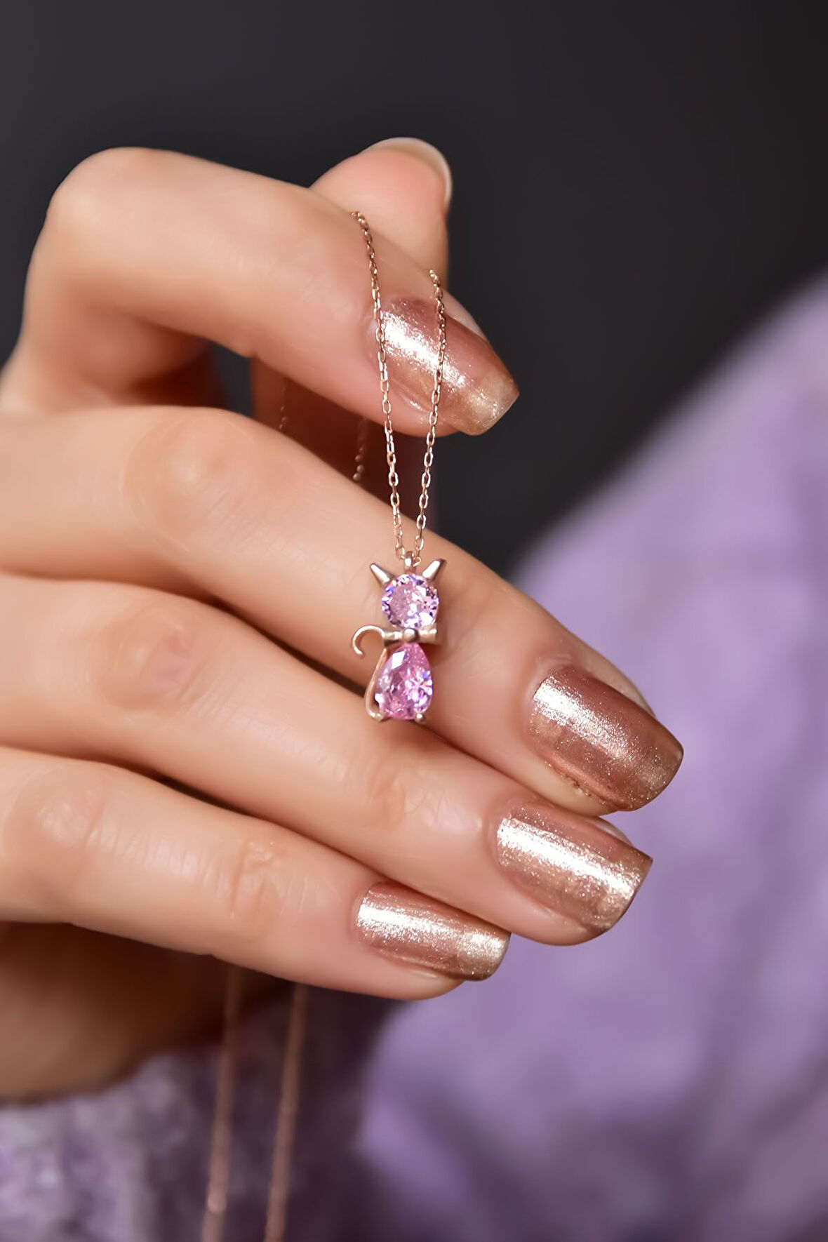 925 Ayar Gümüş Rose Kaplama Ekim Ayı Doğum Taşlı Kedi Kolye