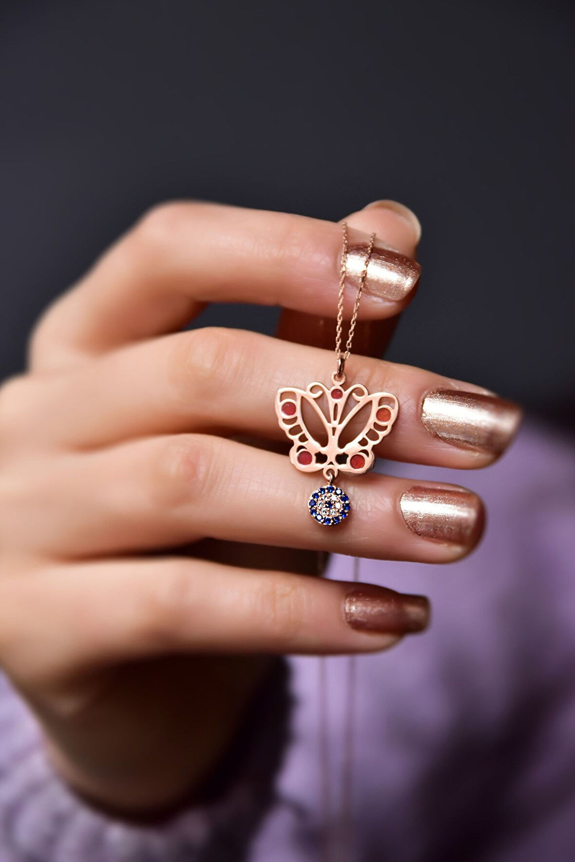 925 Ayar Gümüş Rose Kaplama Sallantılı Nazar Boncuğu , Mineli Kelebek Kolye