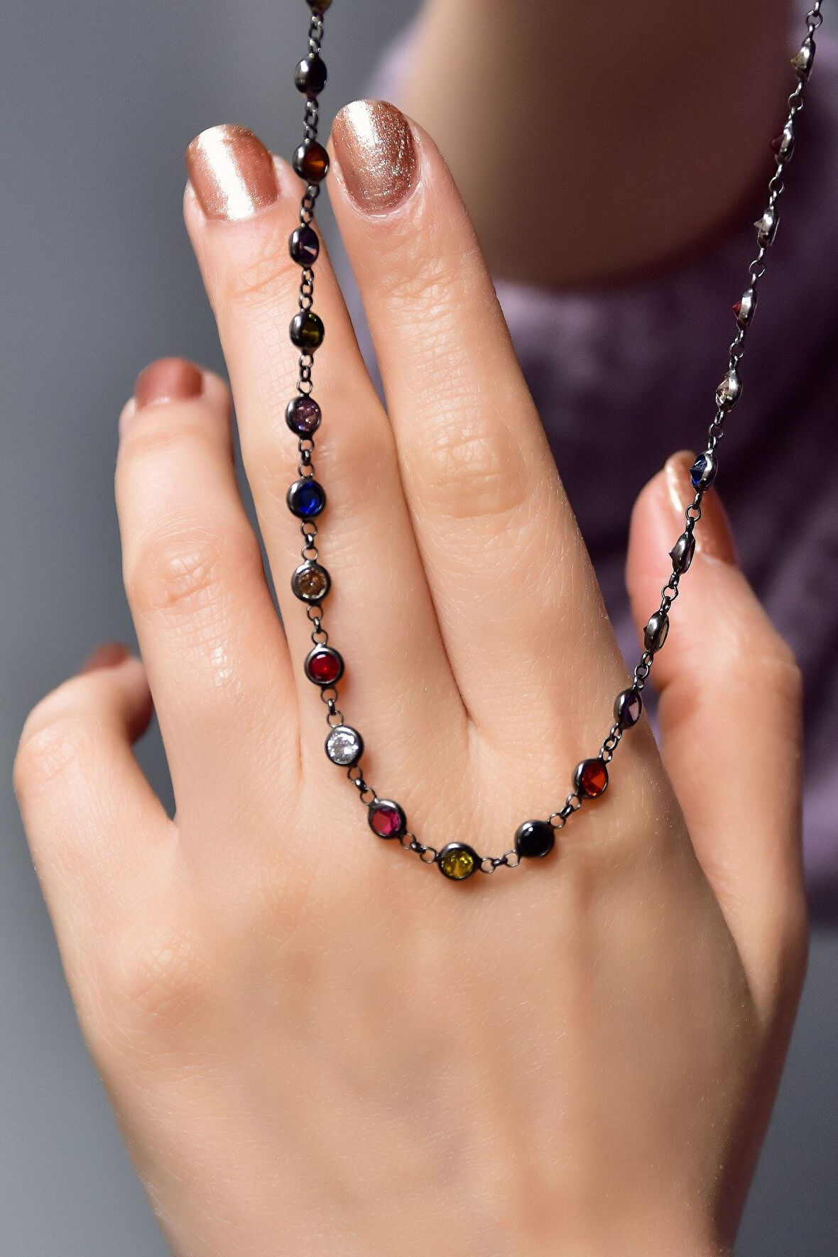 925 Ayar Gümüş Sıralı Zirkon Mix Taşlı Tiffany Kolye