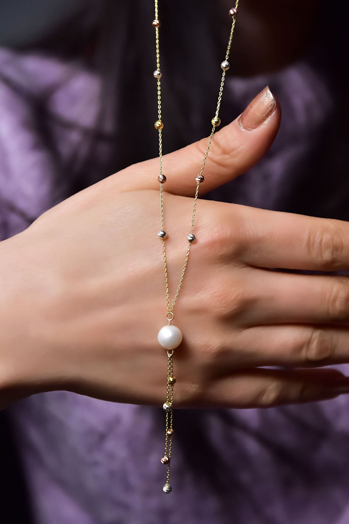 925 Ayar Gümüş Üç Renk Kayan Dorika Toplu Incili Kolye