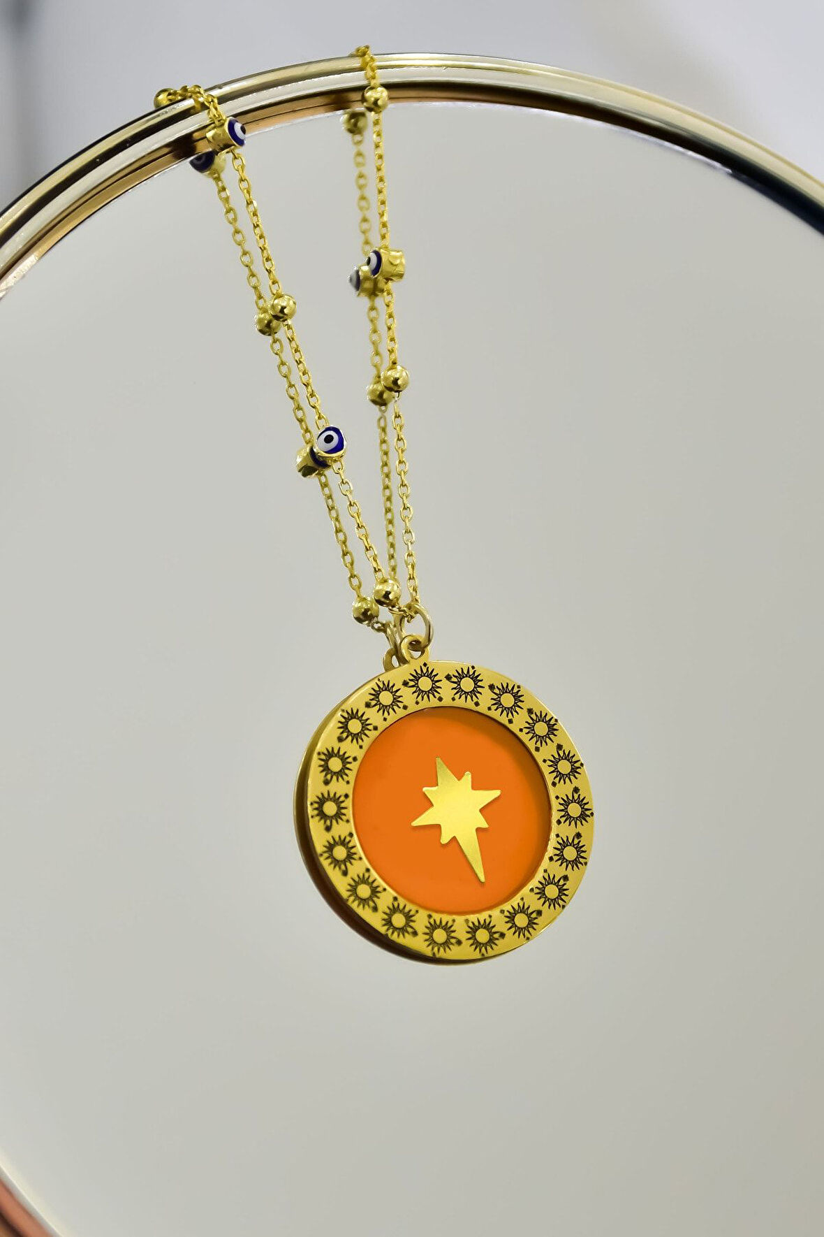 925 Ayar Gümüş Yunan Mitolojisi Helios Çemberli, Kutup Yıldızı Sembolü Nazar Mineli Zincir Kolye