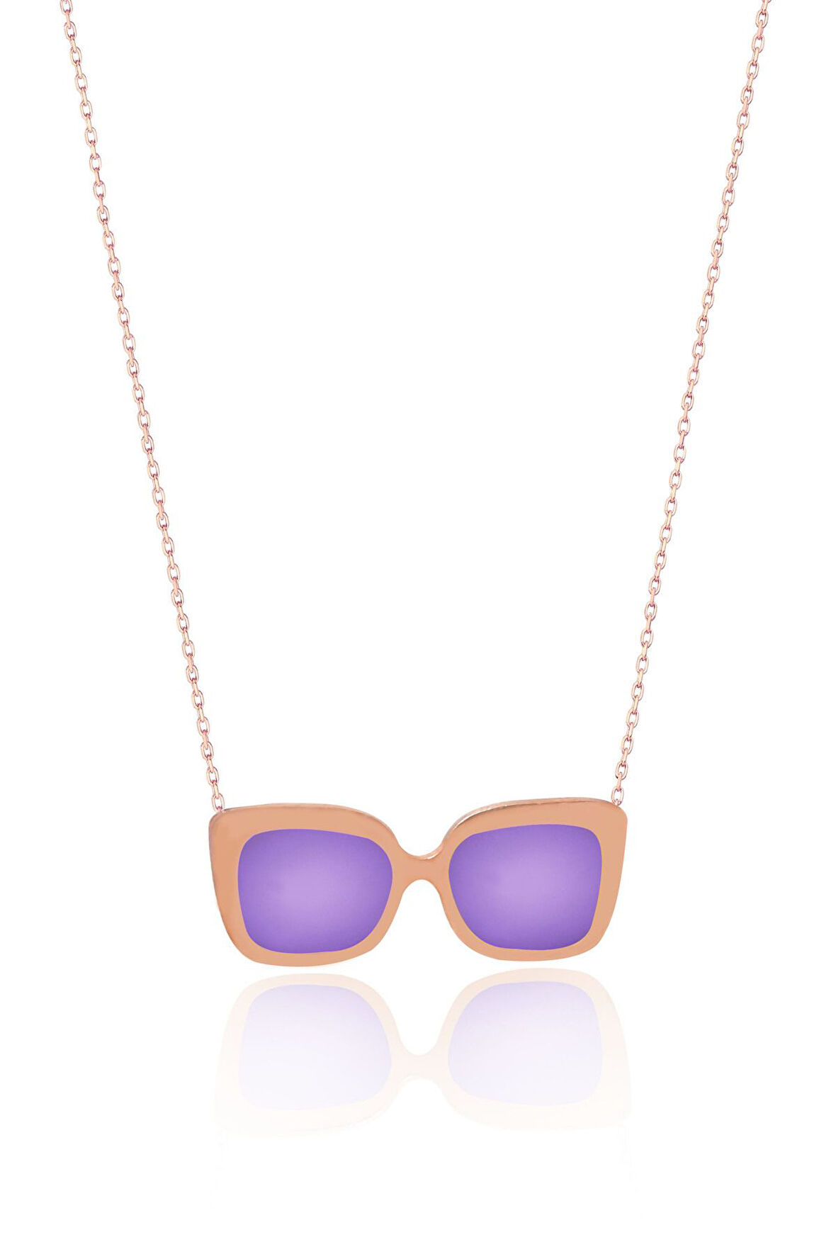 925 Ayar Gümüş Rose Kaplama Rüya Serisi, Lila Mineli Kare Model Gözlük Kolye