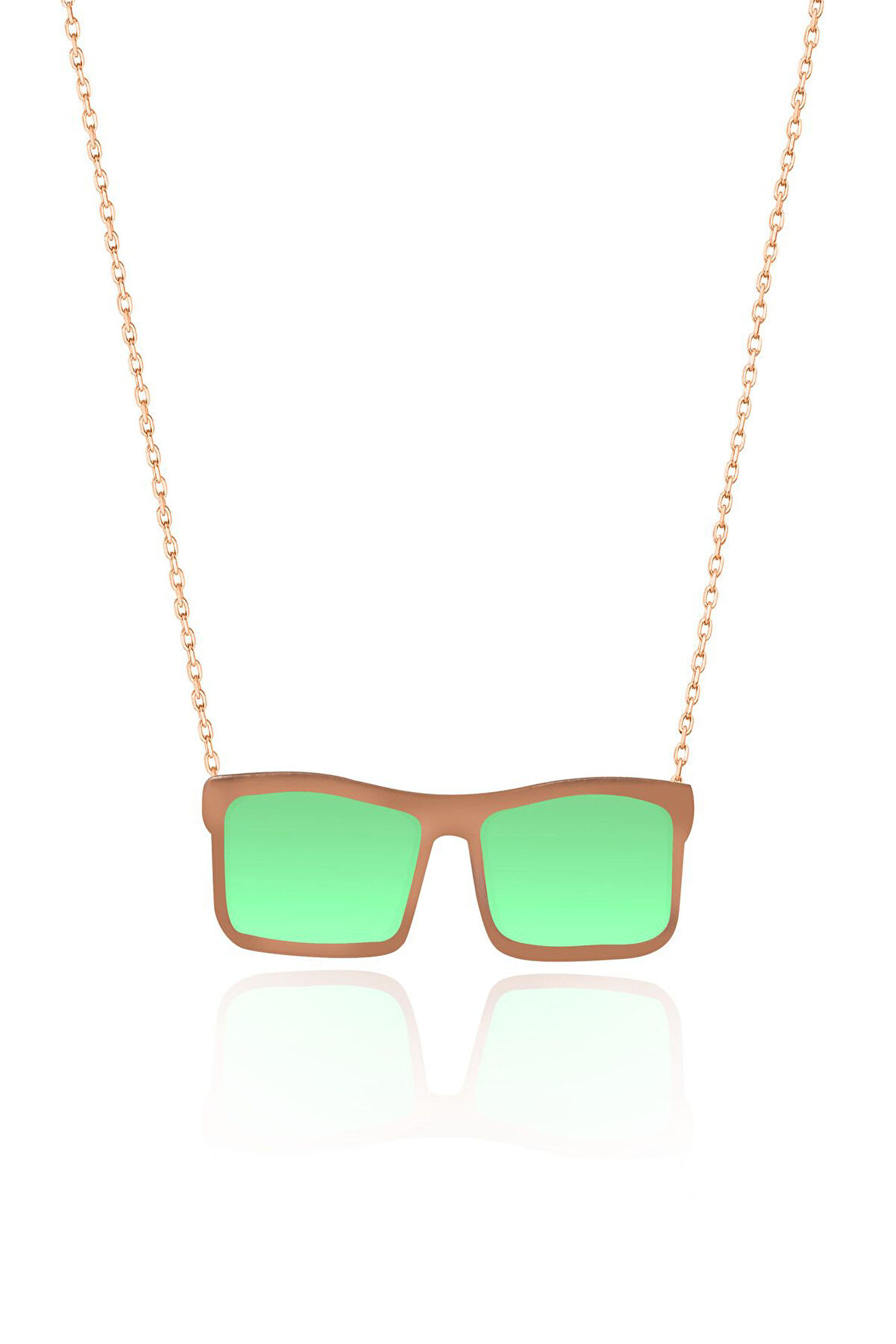 925 Ayar Gümüş Rose Kaplama Rüya Serisi, Yeşil Mineli Dikdörtgen Model Gözlük Kolye