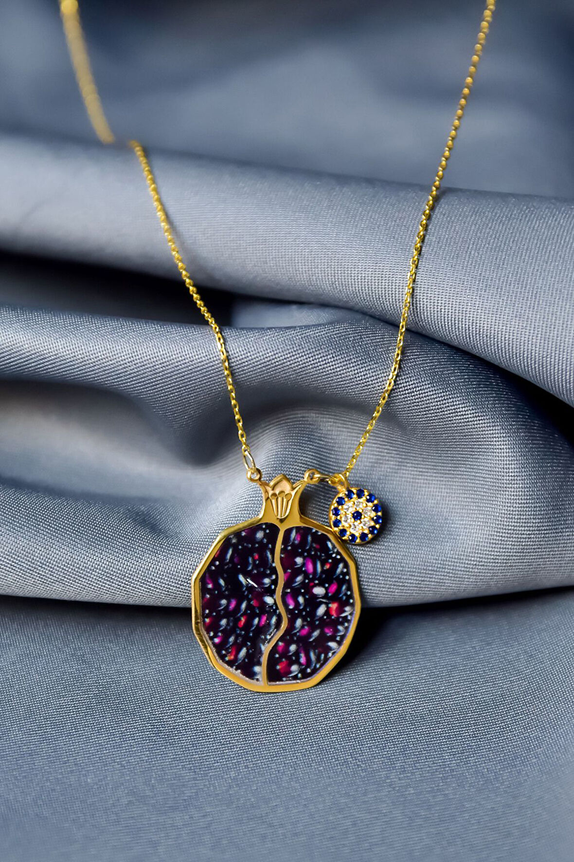 925 Ayar Gümüş Gold Kaplama Nazar Boncuklu , Mineli Bolluk Ve Bereket Tılsımı Nar Taneli Kolye