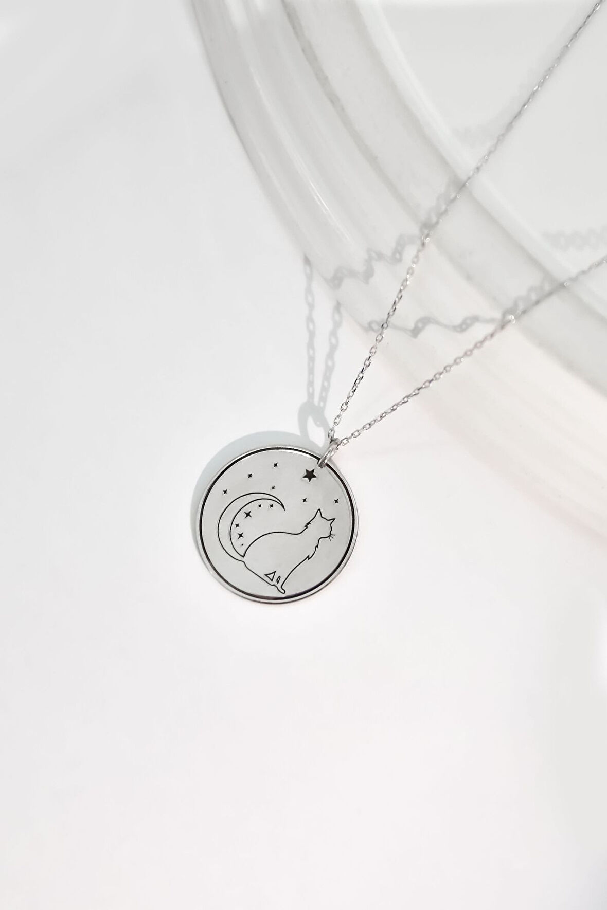 925 Ayar Gümüş Rodyum Kaplama Plaka Hilal Ay Yıldız, Kedi Desenli Kolye