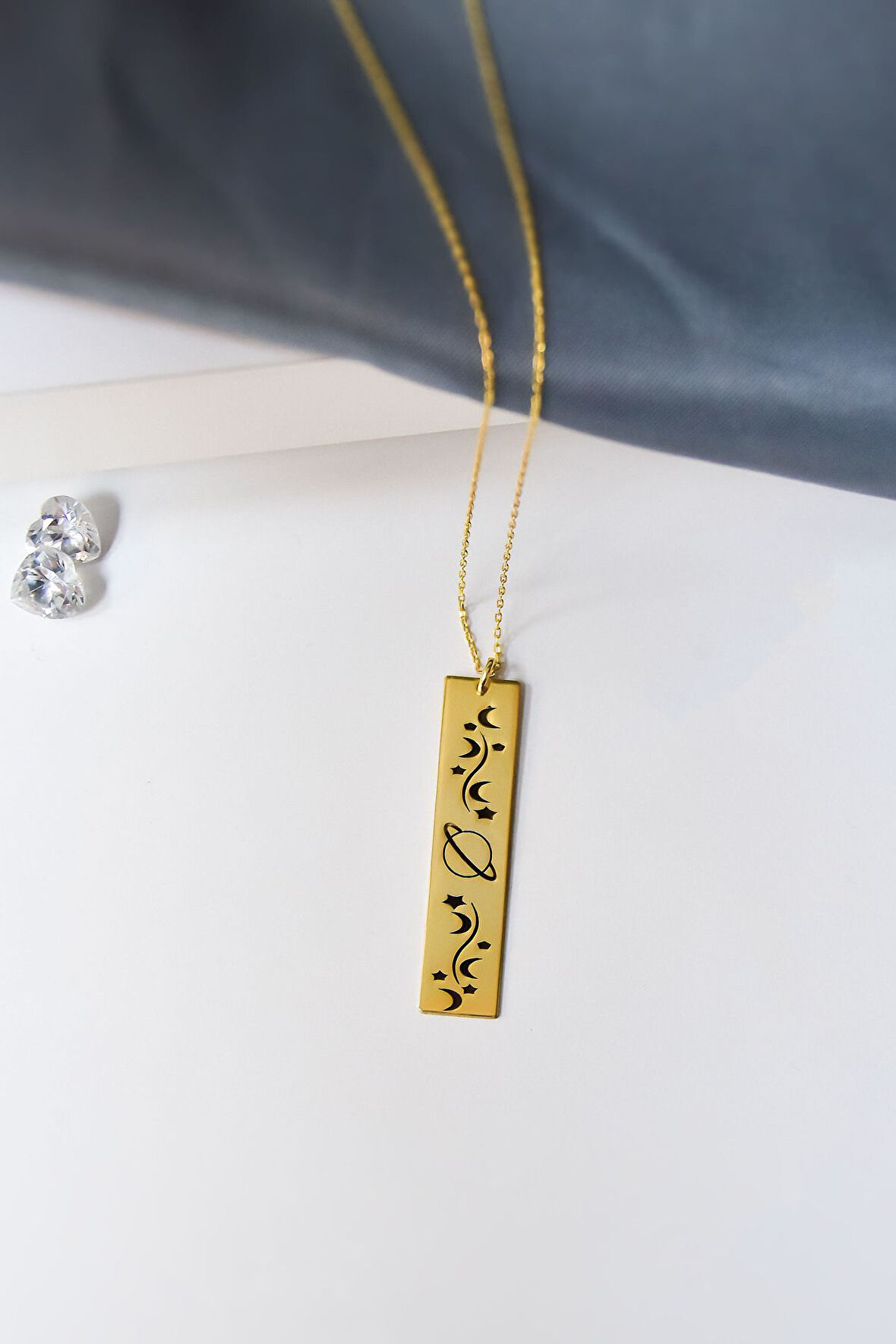 925 Ayar Gümüş Gold Kaplama Galaksi, Samanyolu Kuyruklu Yıldız, Ay Ve Gezegen Sembollü Plaka Kolye