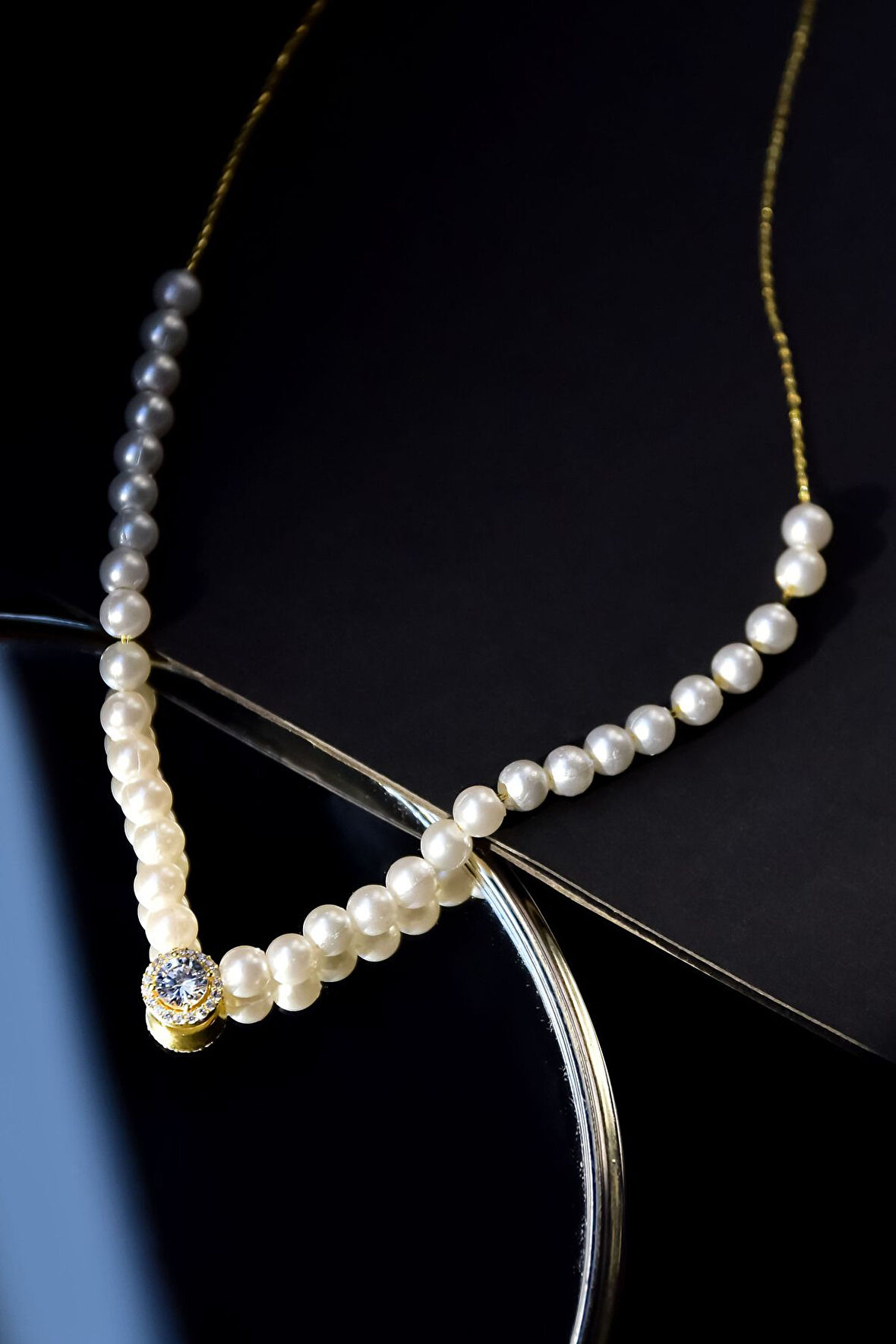 925 Ayar Gümüş Gold Kaplama Incili , Tektaş Kolye